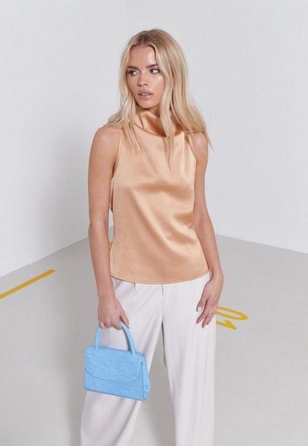 Missguided - Brown Camel Textured Satin Drape Neck Top
