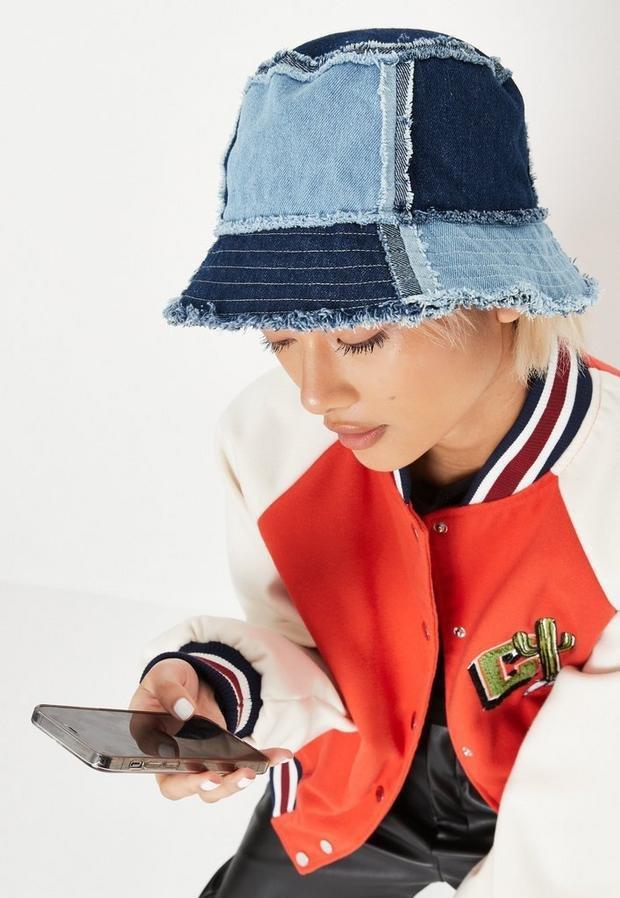 Blue Blue Patchwork Denim Bucket Hat, , large image number 0