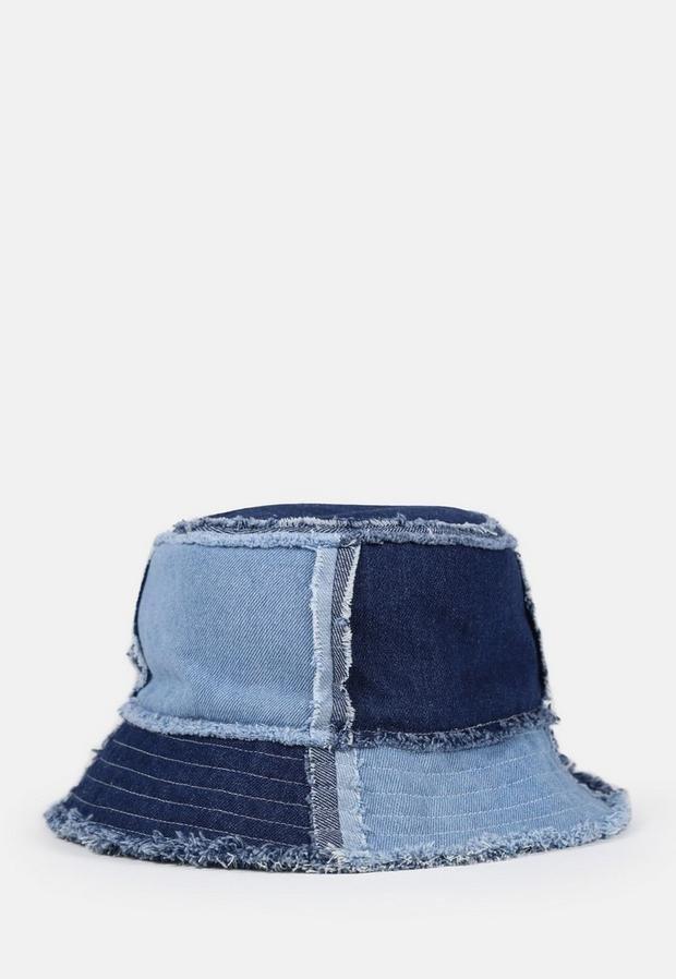 Blue Blue Patchwork Denim Bucket Hat, , large image number 2