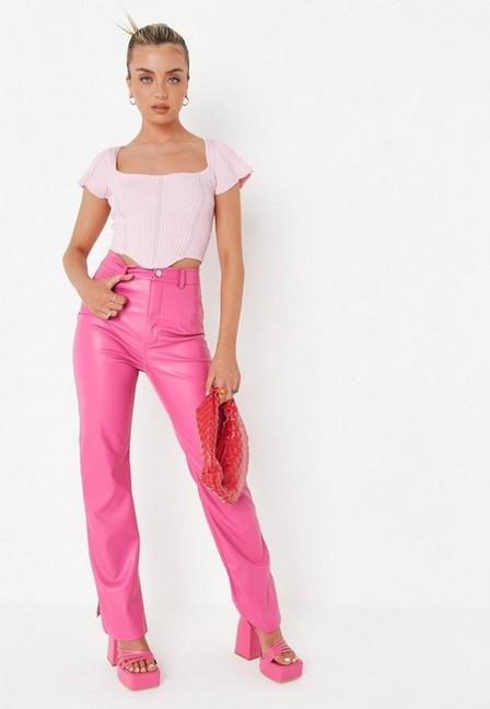 Missguided - Pink Sweetheart Neck Rib Detail Knit T Shirt