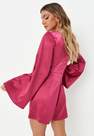 Missguided - Hot Pink Satin Tie Front Flare Sleeve Playsuit