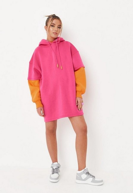 Missguided - Pink Pink Missguided Colourblock Overlay Hoodie Mini Dress