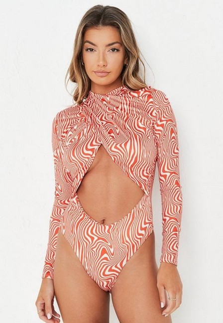 Missguided - Orange Abstract Print Wrap Cut Out Slinky Bodysuit