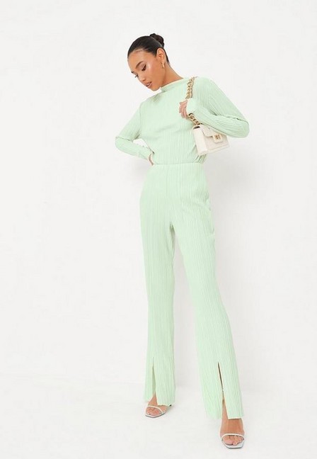 Missguided - Light Green Co Ord Plisse Split Front Flared Trousers