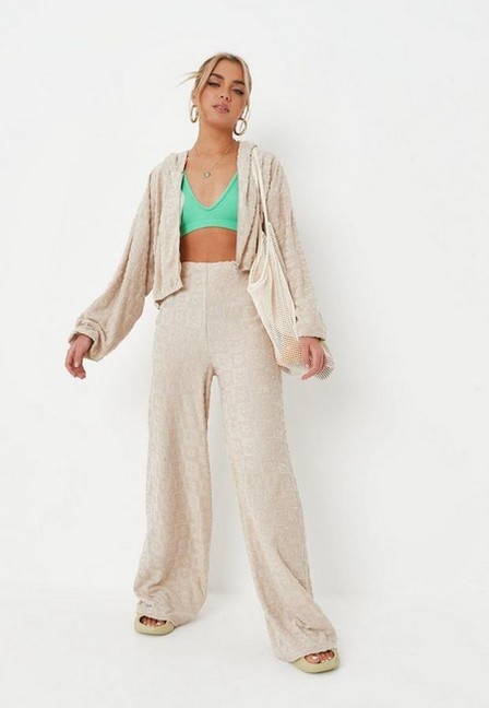 Missguided - Stone Co Ord Embossed Floral Towelling Wide Leg Trousers