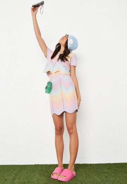 Missguided - Multi Pink Co Ord Rainbow Ombre Crochet Knit Mini Skirt