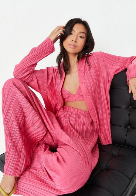 Missguided - Pink Co Ord Plisse Oversized Shirt