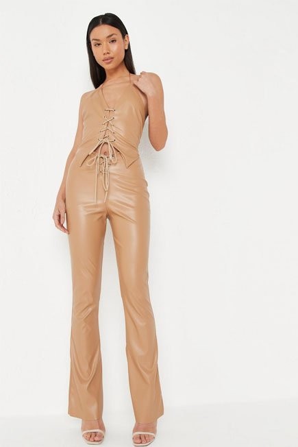 Missguided - Camel Camel Co Ord Lace Up Faux Leather Trousers