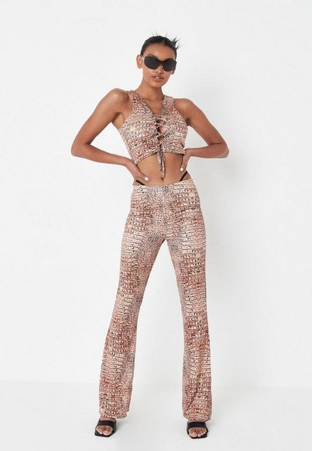Missguided - Camel Camel Co Ord Snake Print Flared Trousers
