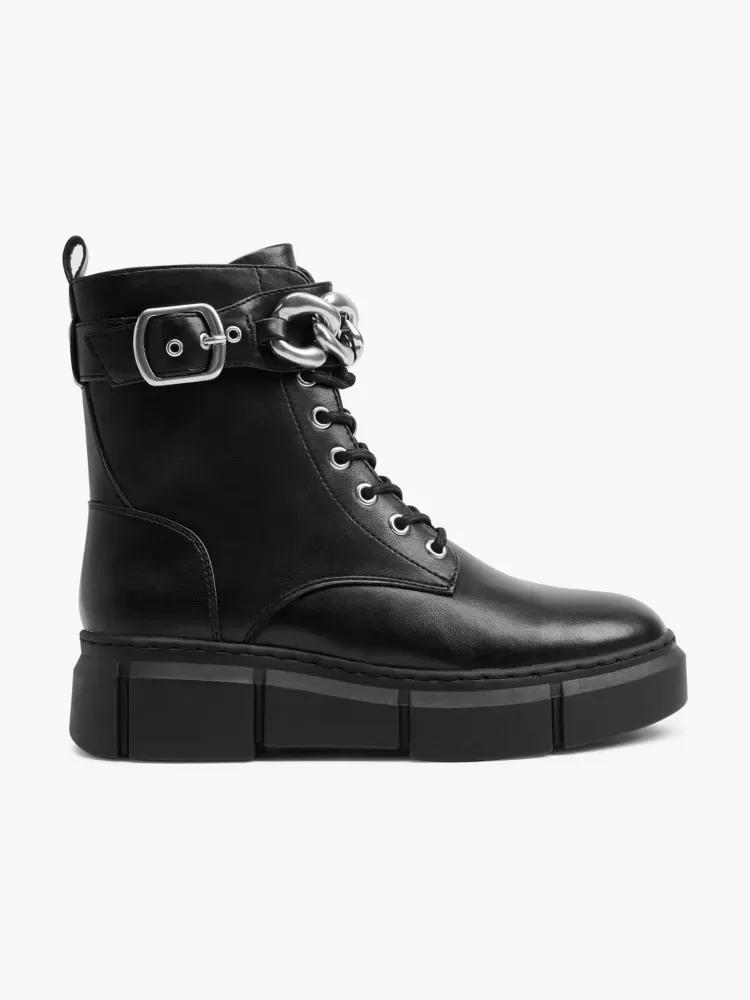Black Chain Detailed Lace-Up Boots, , large image number 0