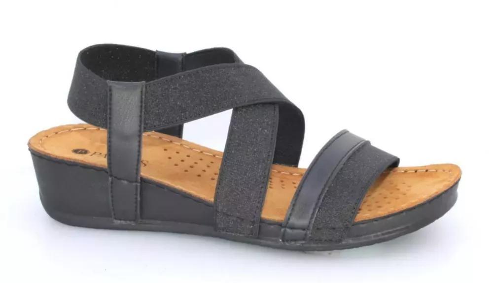 Black Elastic Strap Wedge Sandals, , large image number 0