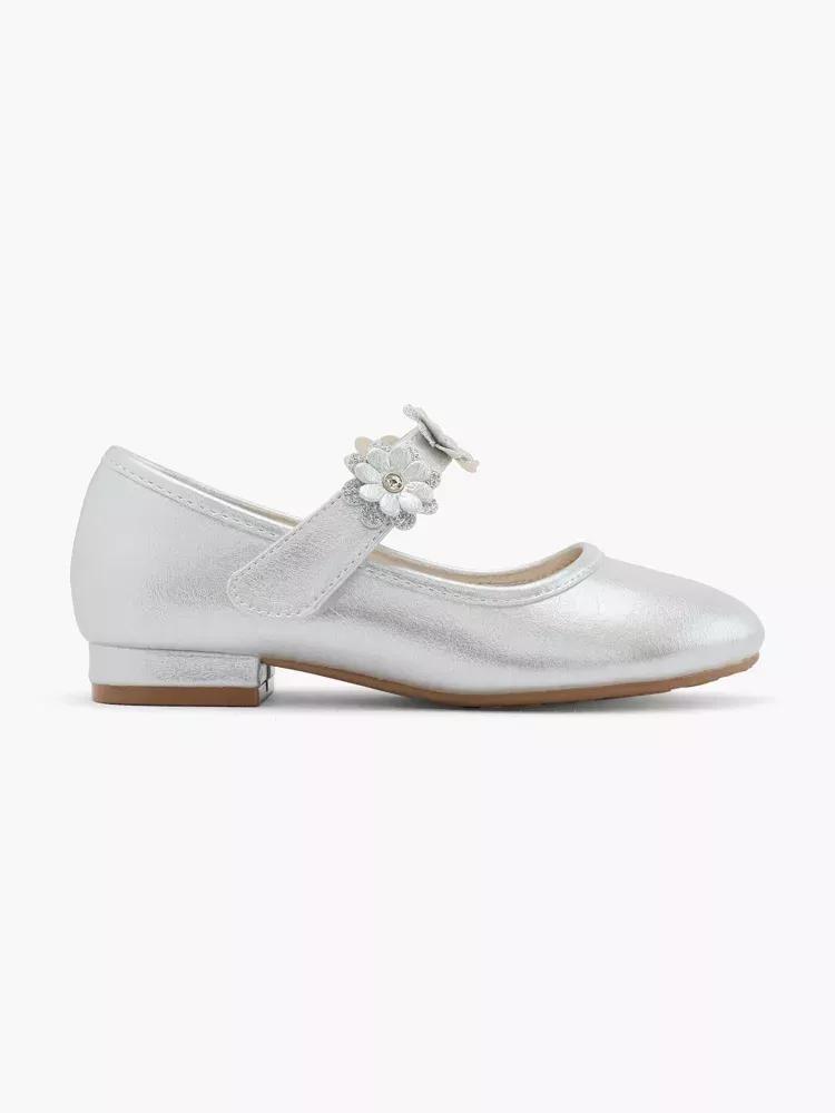 Silver Flower Detail Ballerinas, Kids Girls, , medium