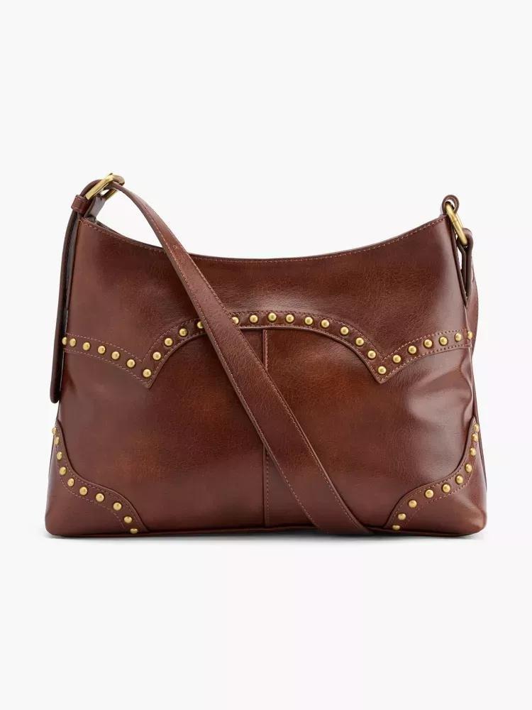 Brown Studded Leather Hobo Bag, No Color, large image number 1