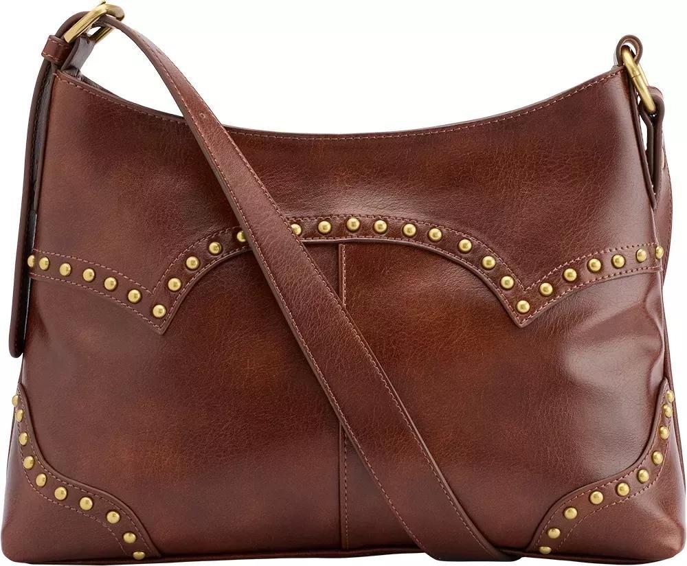 Brown Studded Leather Hobo Bag, No Color, large image number 2