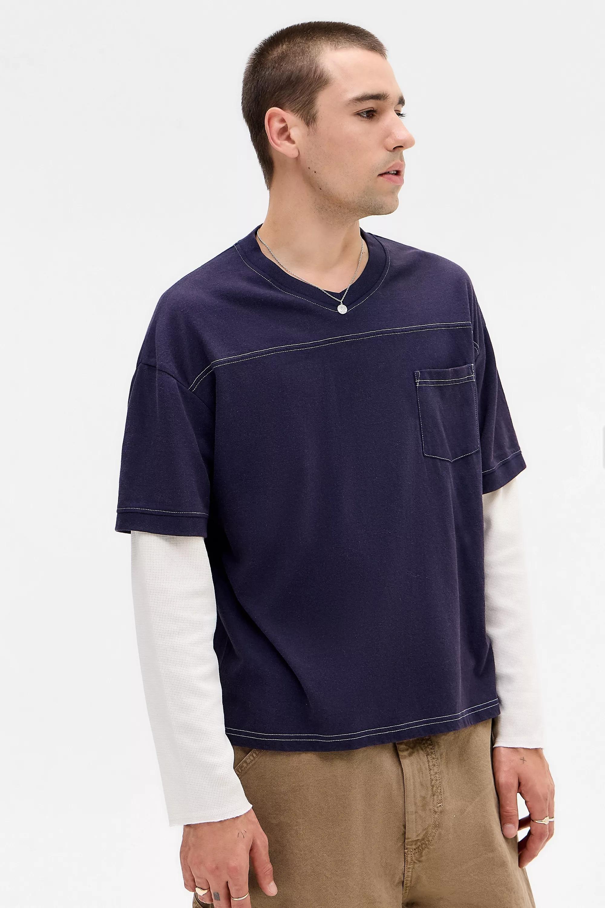 Navy Double Layer Waffle Sleeve T-Shirt, NAVY, large image number 0