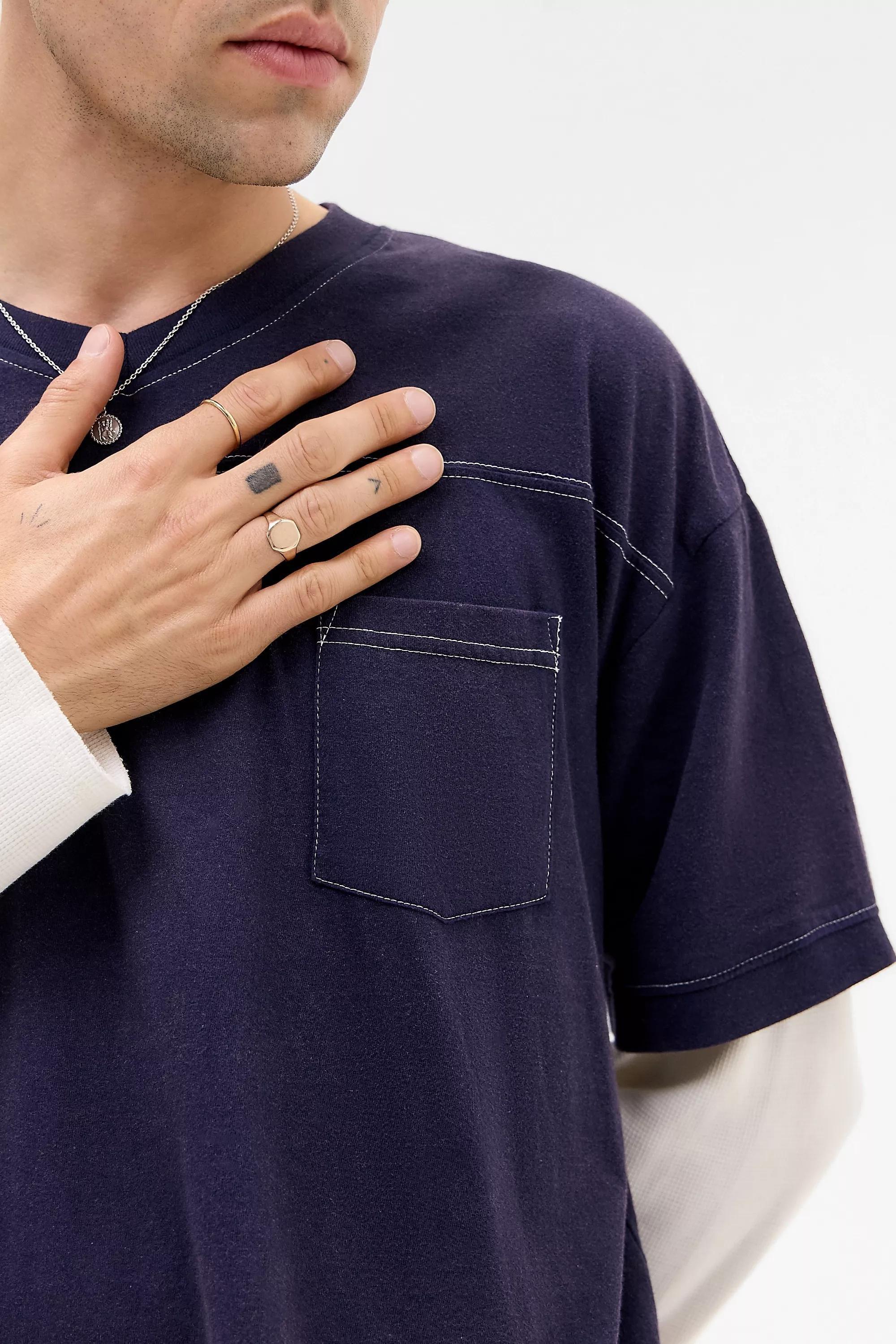 Navy Double Layer Waffle Sleeve T-Shirt, NAVY, large image number 2