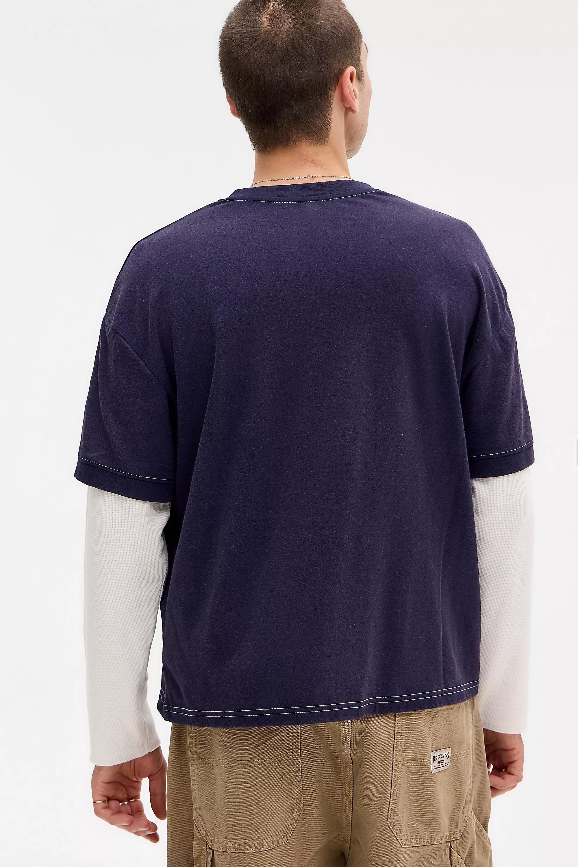 Navy Double Layer Waffle Sleeve T-Shirt, NAVY, large image number 3