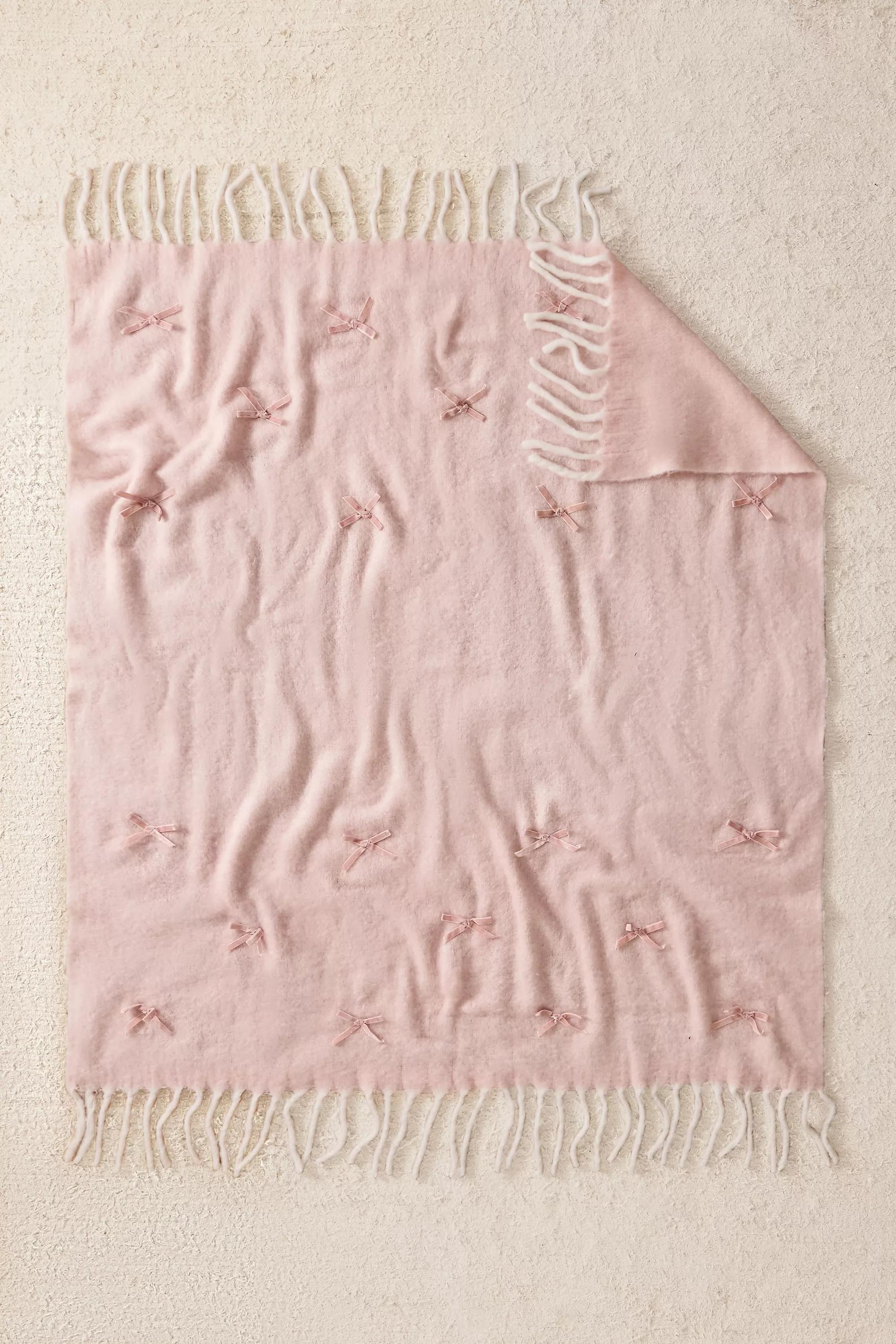 Pink Cosy Velvet Bow Throw, PINK, medium