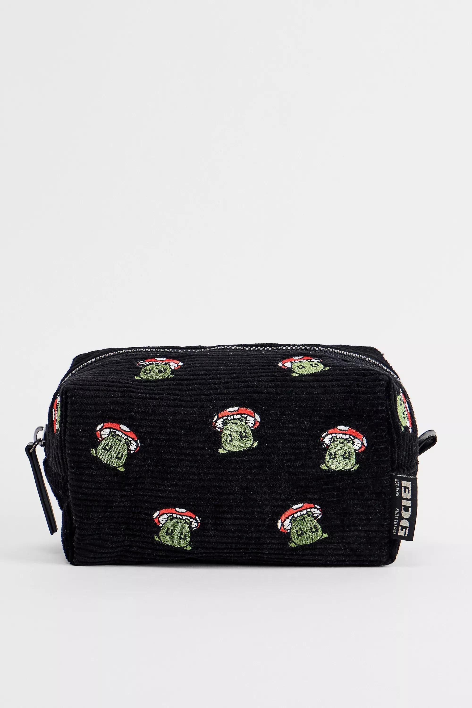 Black Bdg Frog Toadstool Corduroy Makeup Bag, BLK, medium