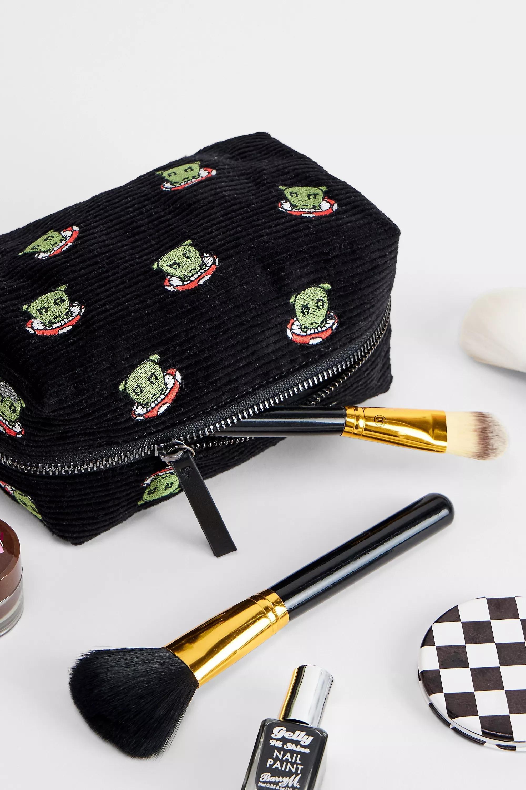 Black Bdg Frog Toadstool Corduroy Makeup Bag, BLK, medium