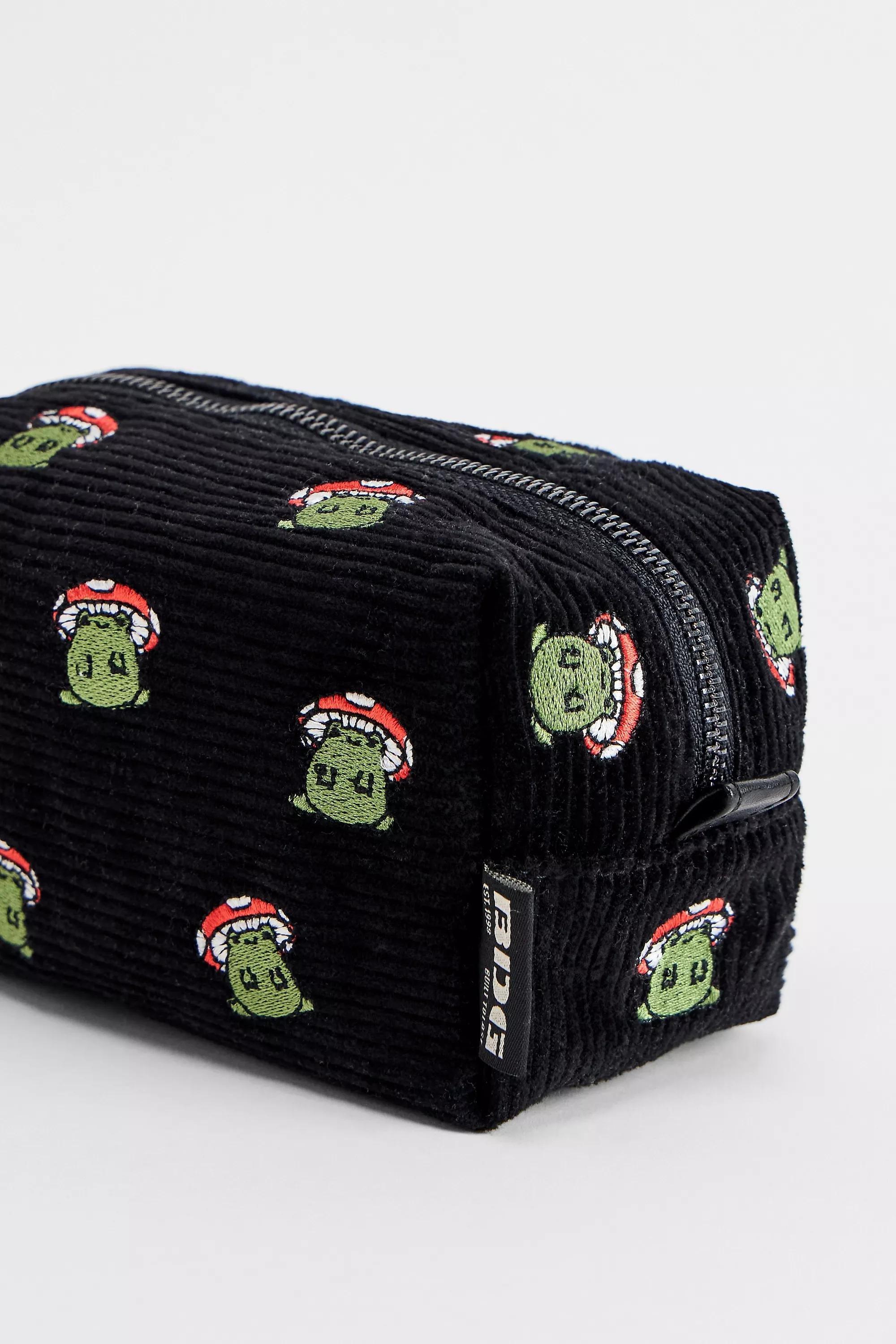Black Bdg Frog Toadstool Corduroy Makeup Bag, BLK, medium