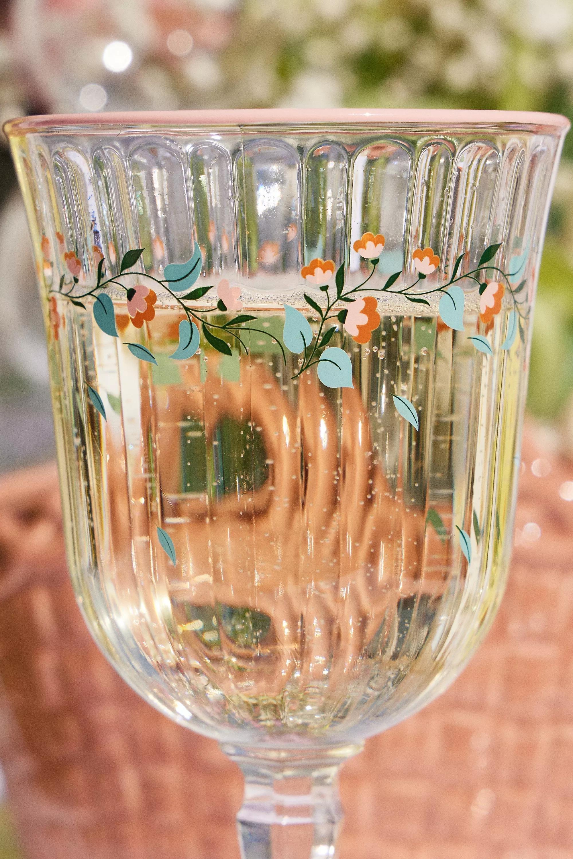 Multicolour Floral Ribbed Wine Glass, PINK, large image number 2