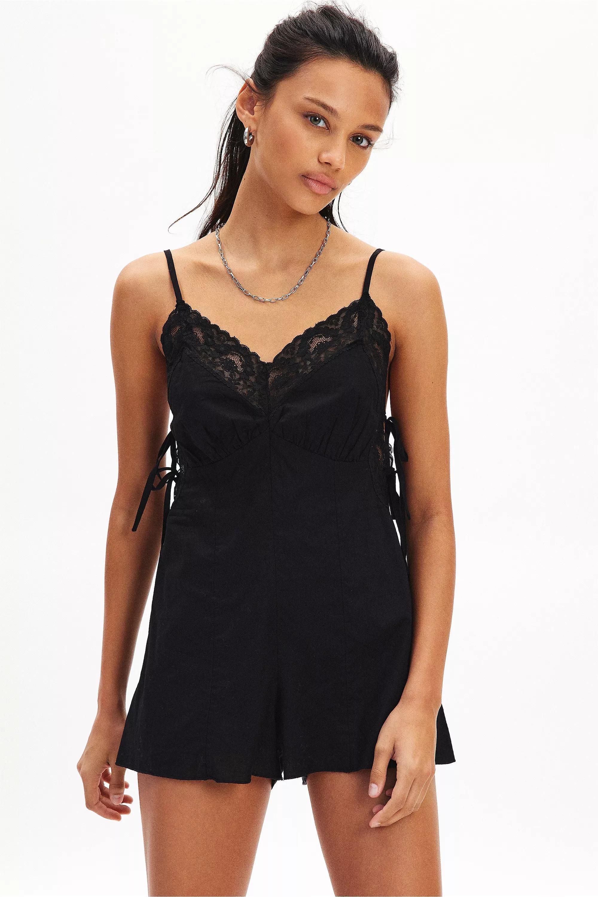 BLACK Kimchi Blue Shyla Lace Trim Romper, BLK, medium