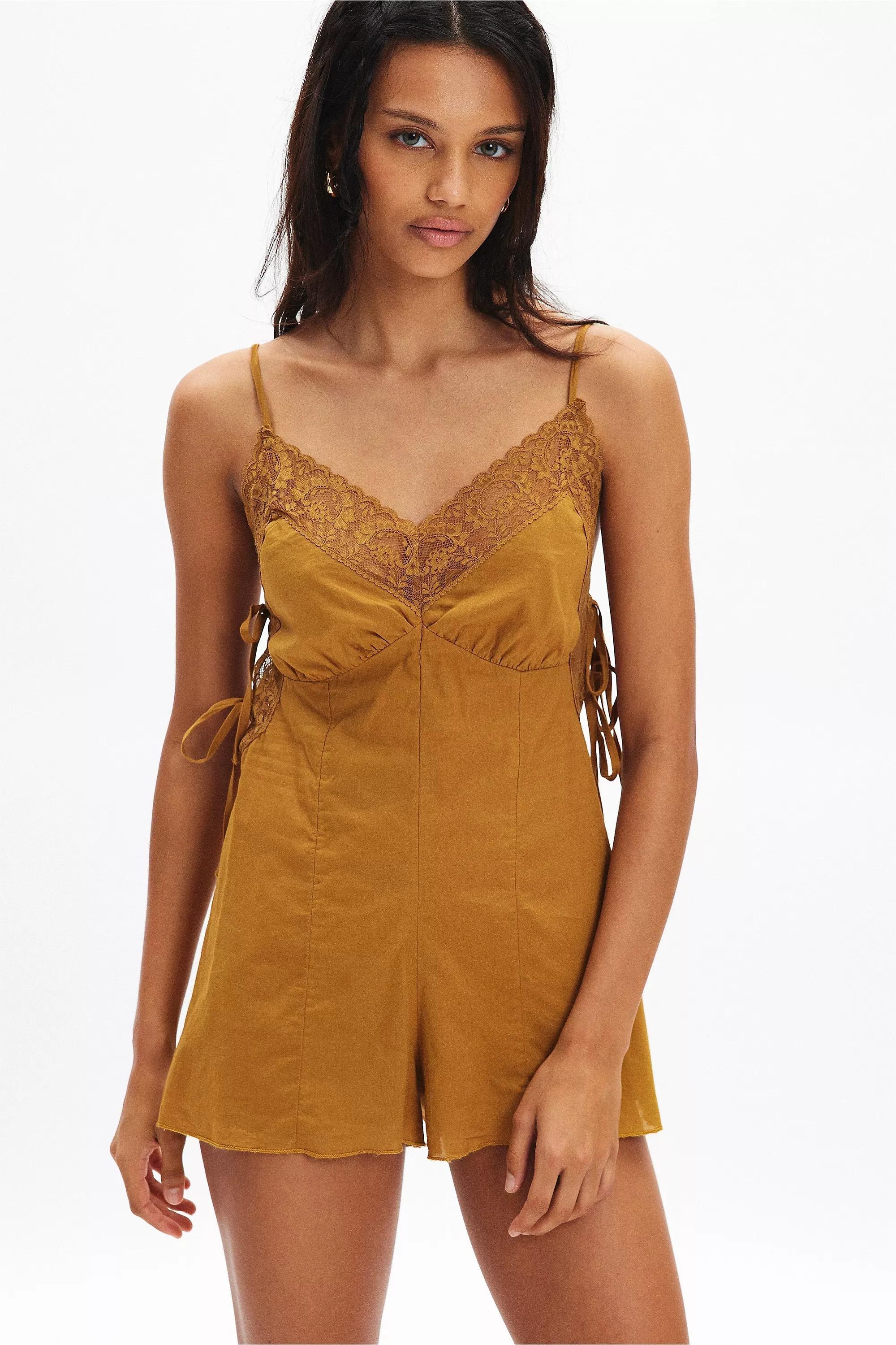 Kimchi Blue Shyla Lace Trim Romper, GOLD, medium