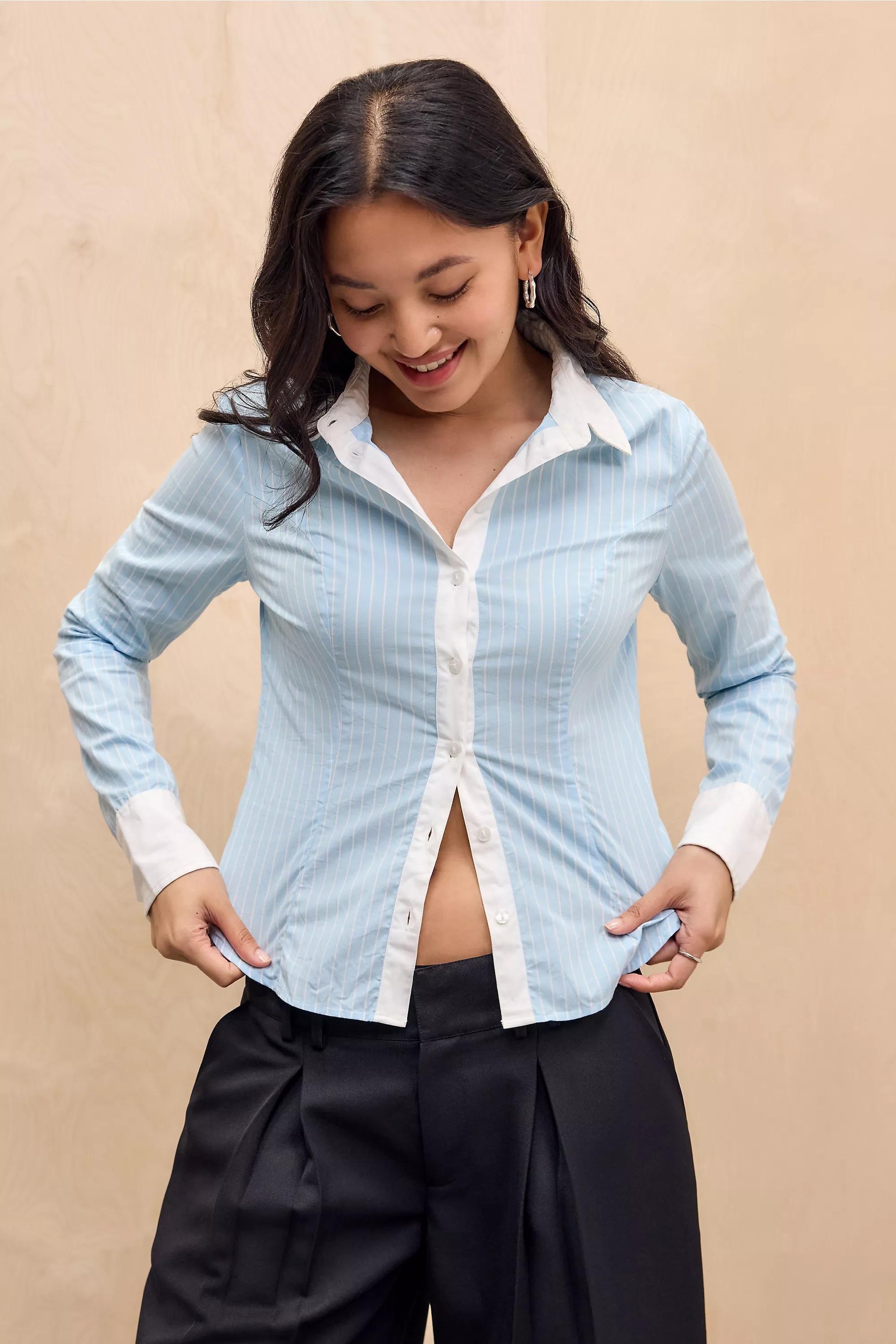 Blue Silence + Noise Kendell Striped Shirt, BLUE, medium