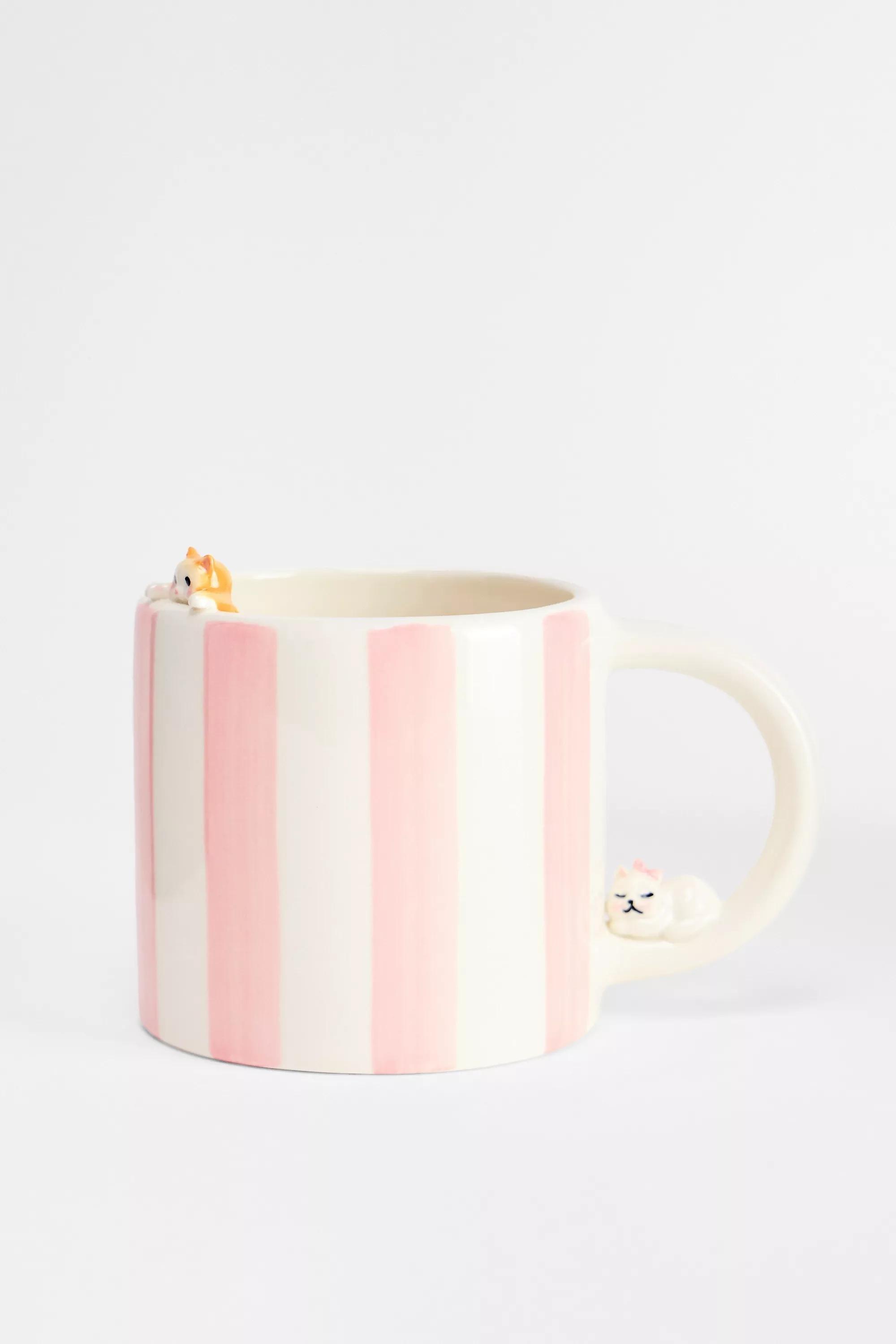 Pink Stripy Cat Mug, PINK, large image number 1