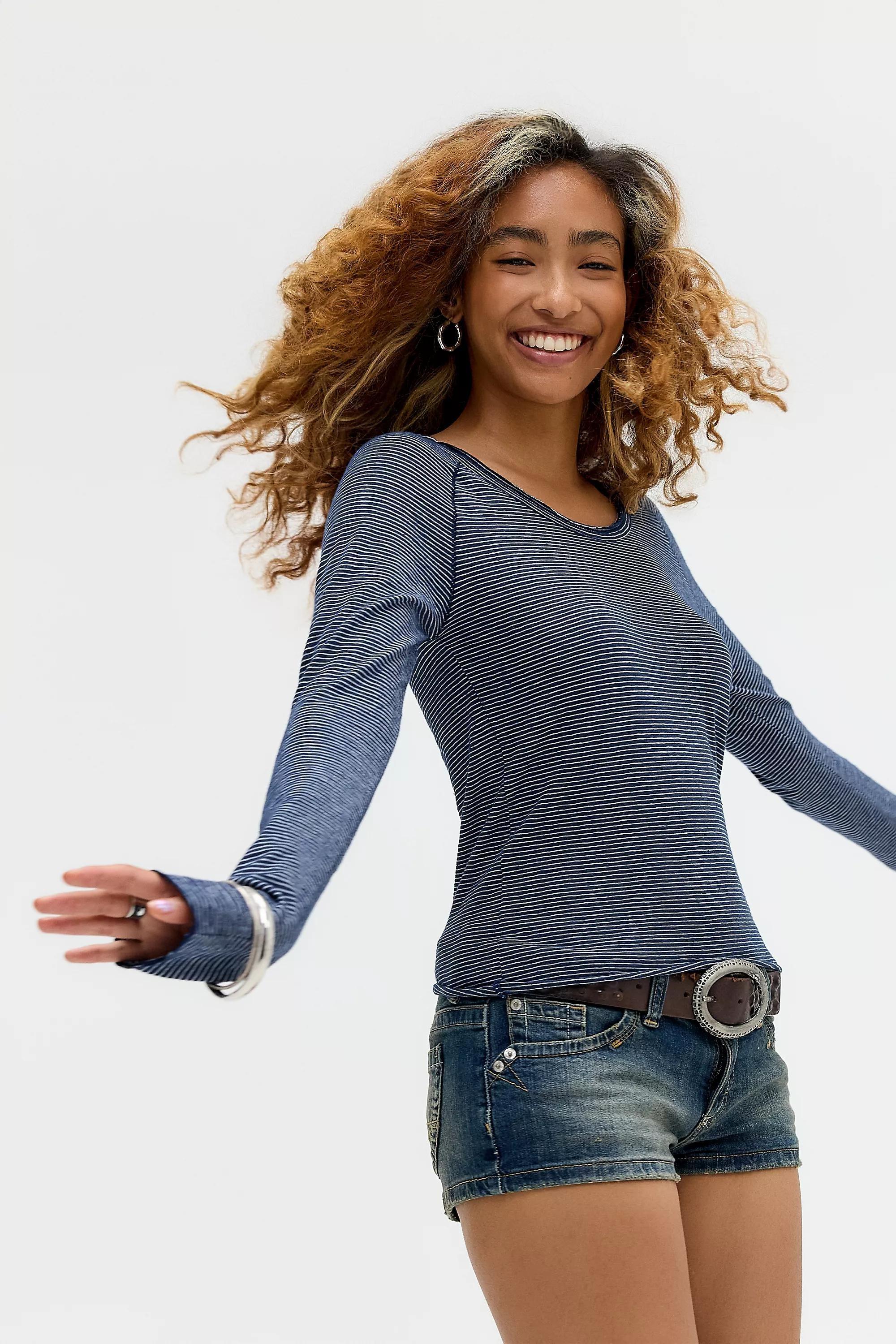 NAVY BDG Jake Scoop Neck Long Sleeve Top, NAVY, large image number 0