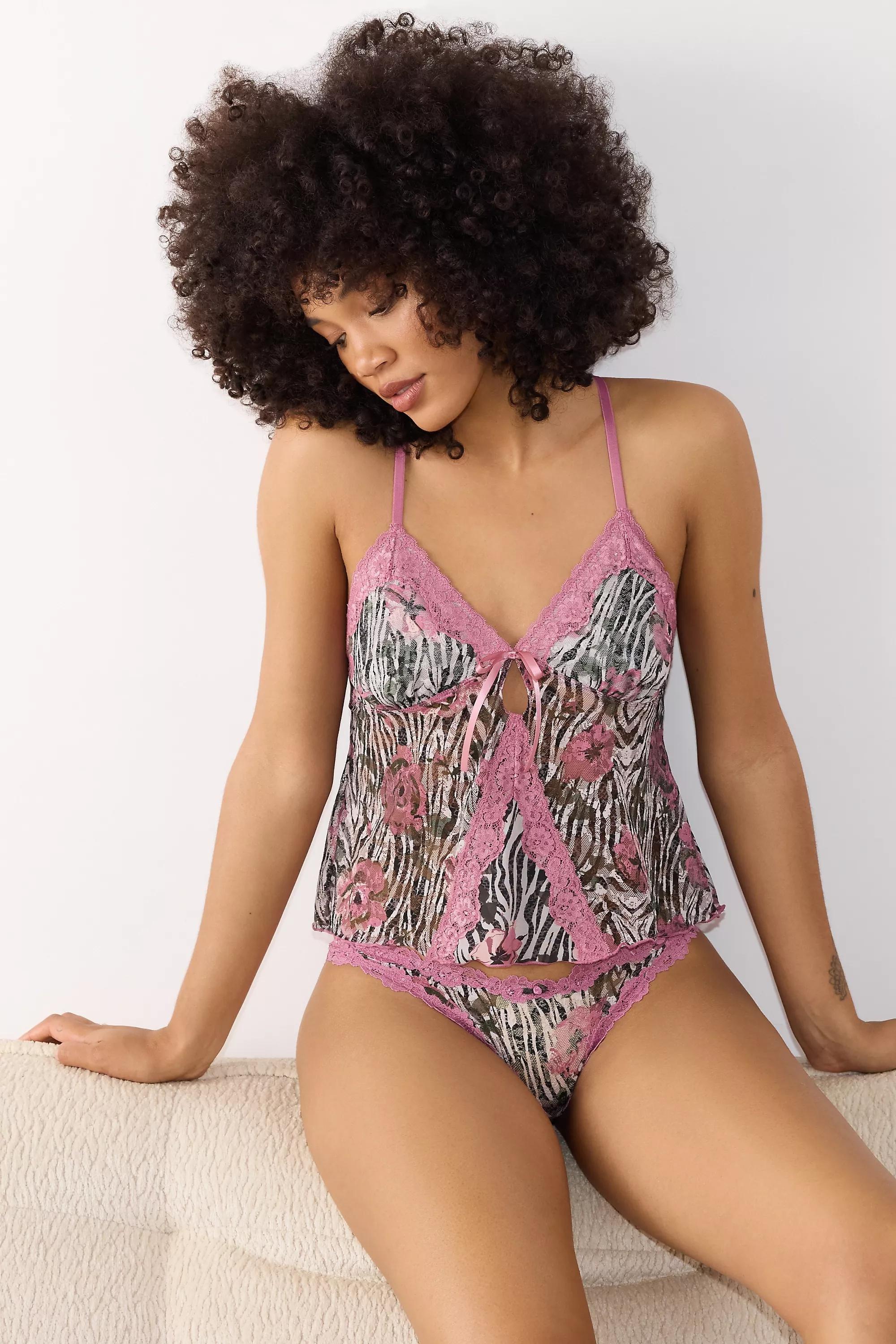Pink Out From Under Robyn Printed Lace Tie Front Cami, PINK COMBO, large image number 1