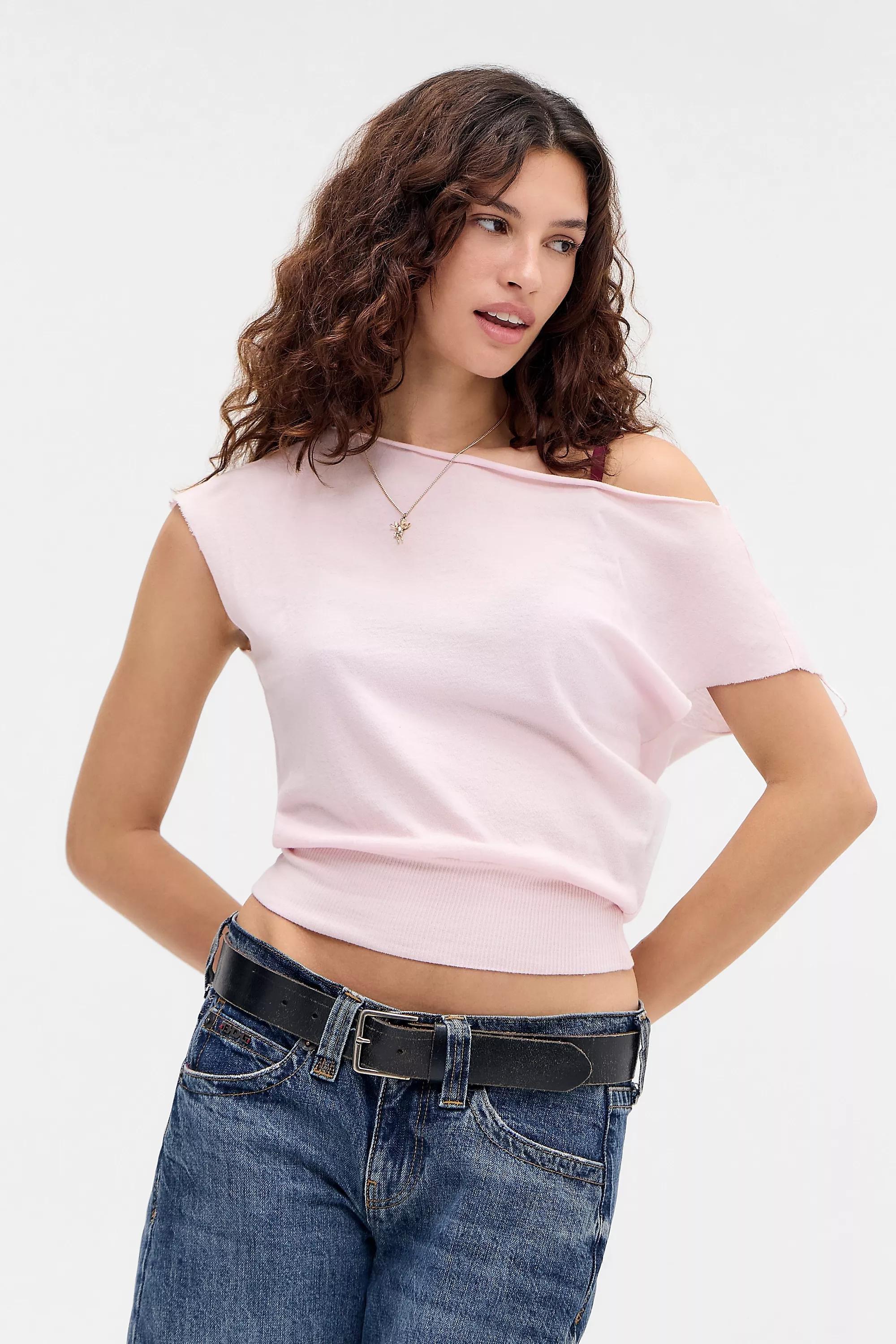 Pink Out From Under Off-The-Shoulder Banded Hem T-Shirt, PINK, medium