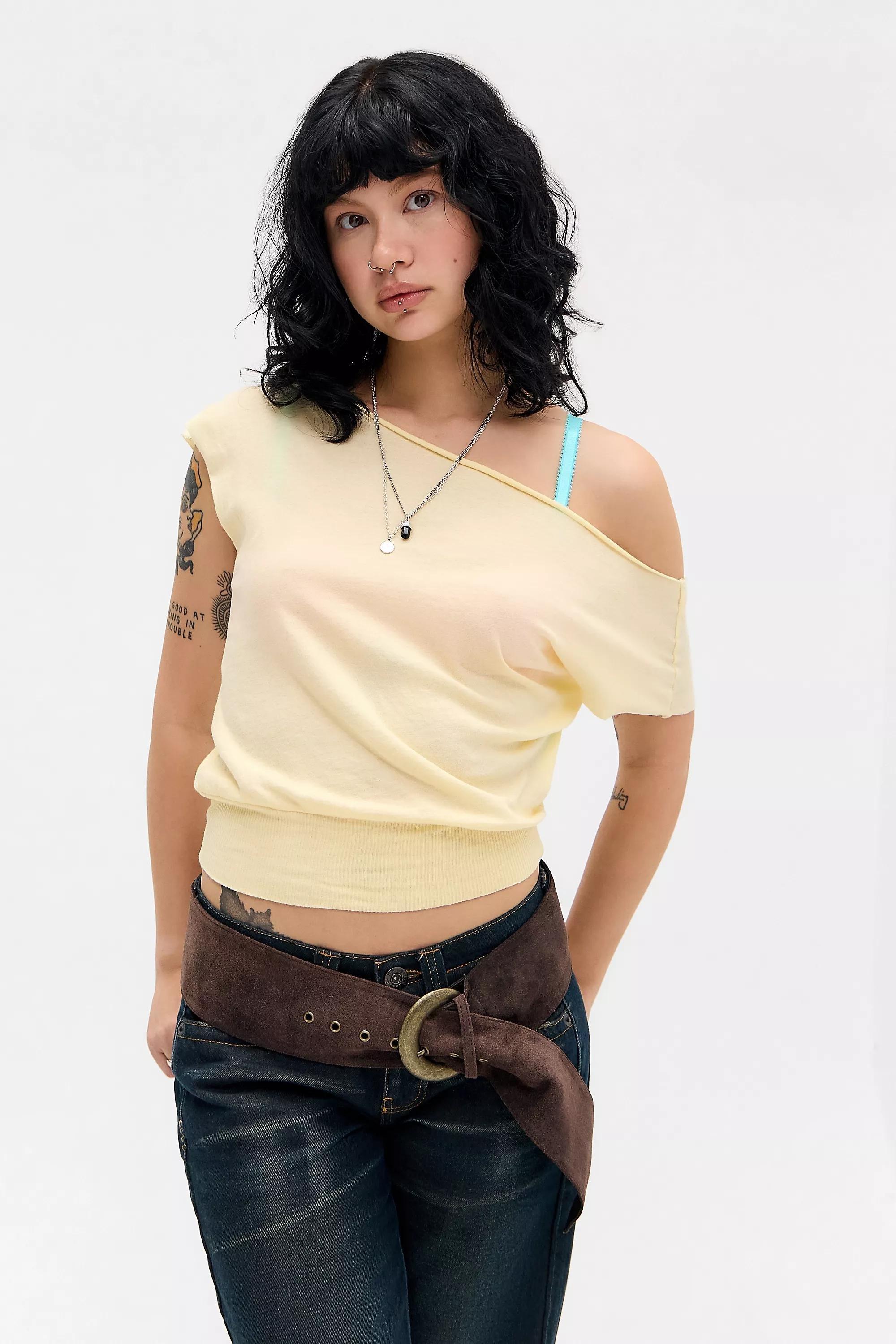 Yellow Out From Under Off-The-Shoulder Banded Hem T-Shirt, YEL, medium