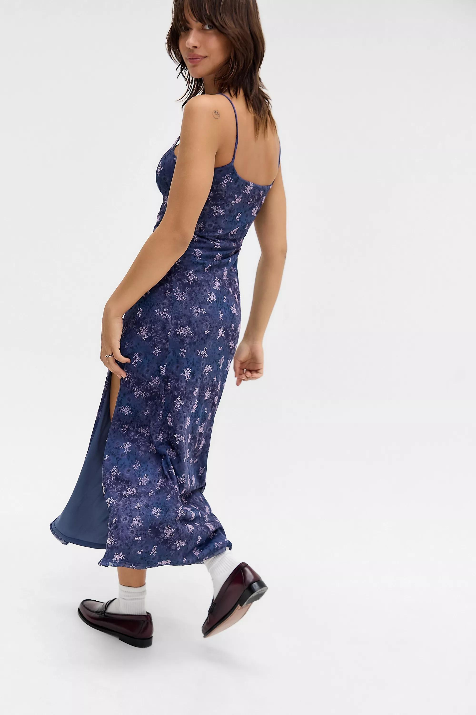 Blue Square Neck Flocked Mesh Maxi Dress, , large image number 3