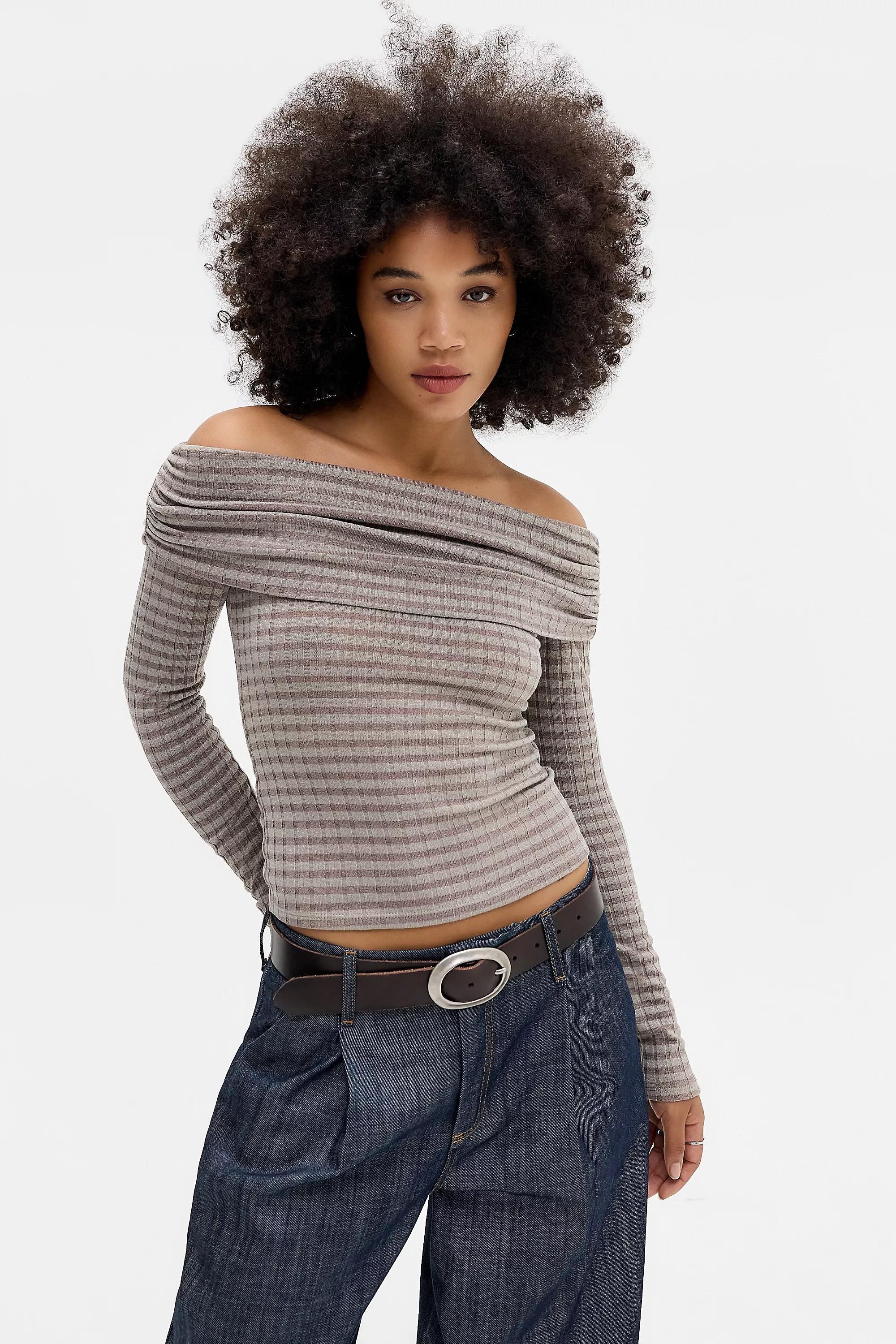 Brown Silence + Noise Tia Striped Bardot Top, BRN MOTIF, large image number 1