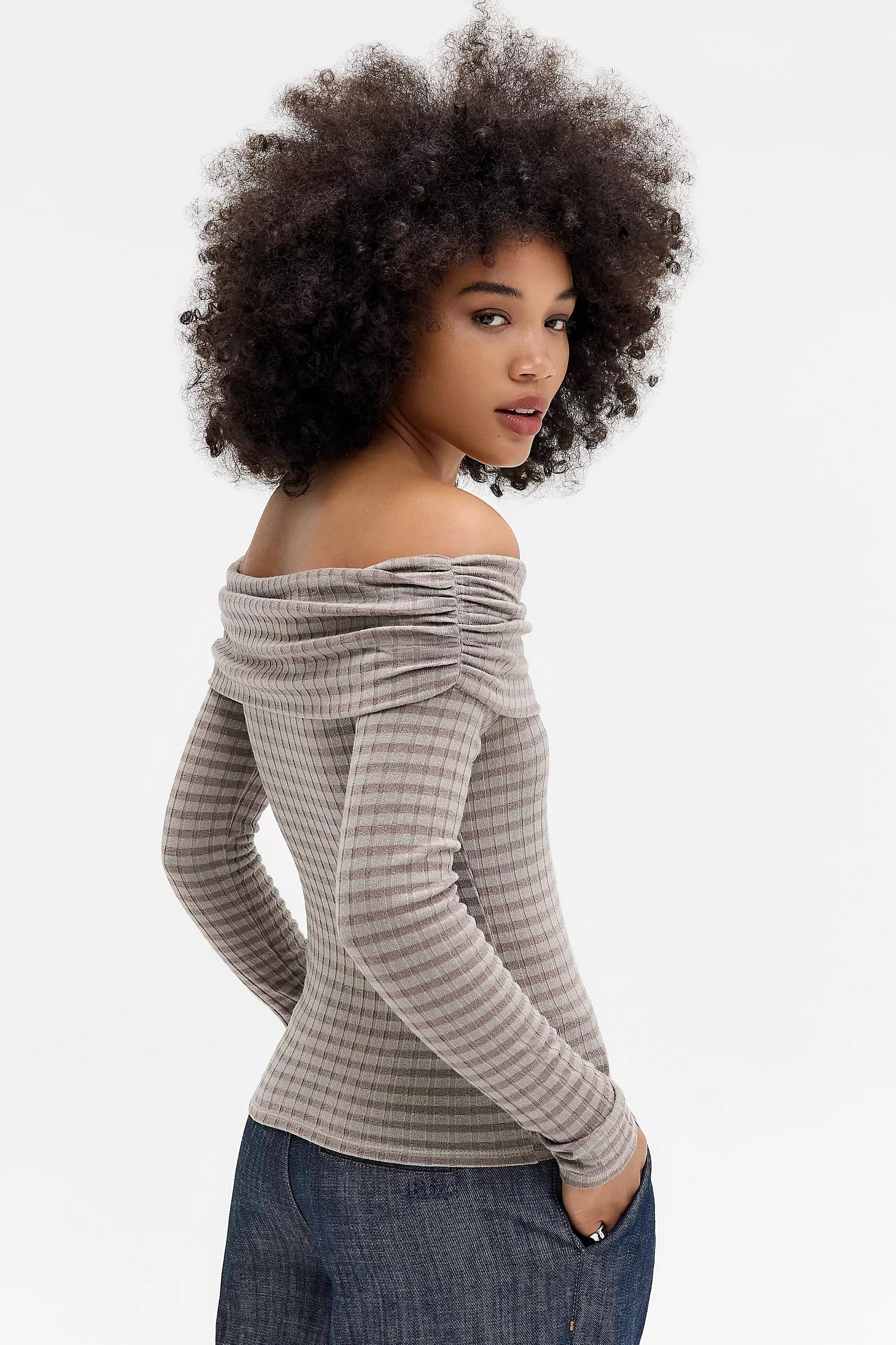 Brown Silence + Noise Tia Striped Bardot Top, BRN MOTIF, large image number 3