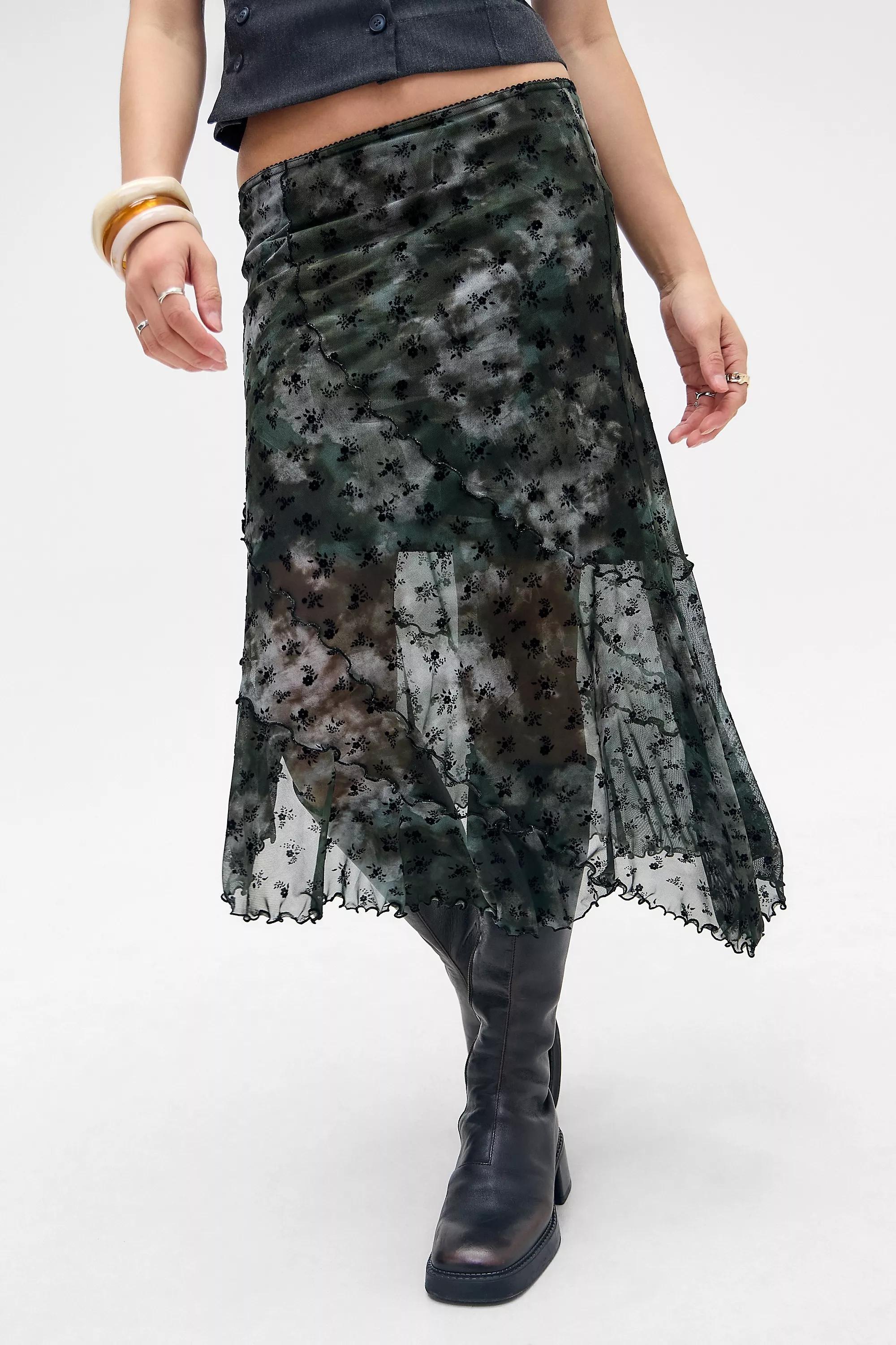 KHAKI UO Asymmetric Flock Midi Skirt, KHAKI, large image number 0