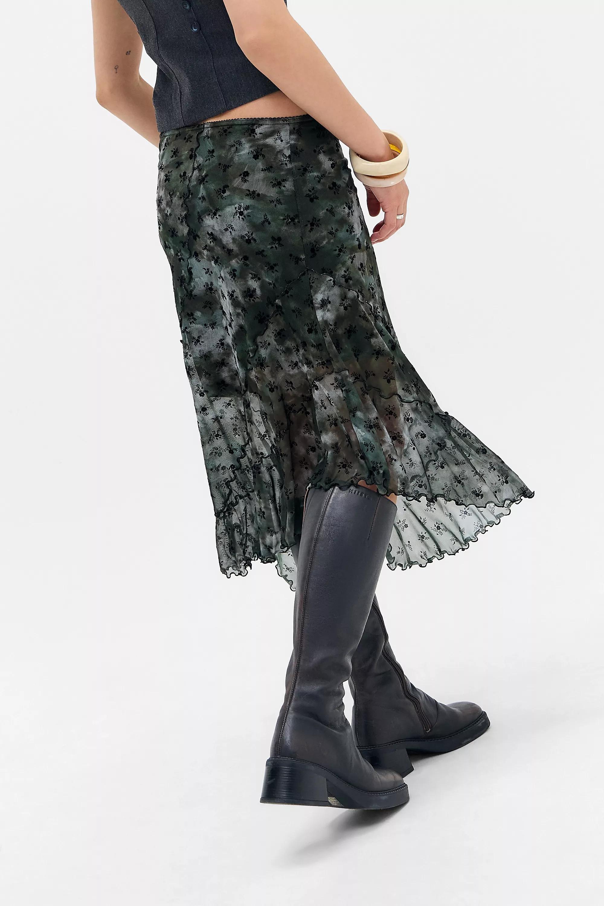KHAKI UO Asymmetric Flock Midi Skirt, KHAKI, large image number 1