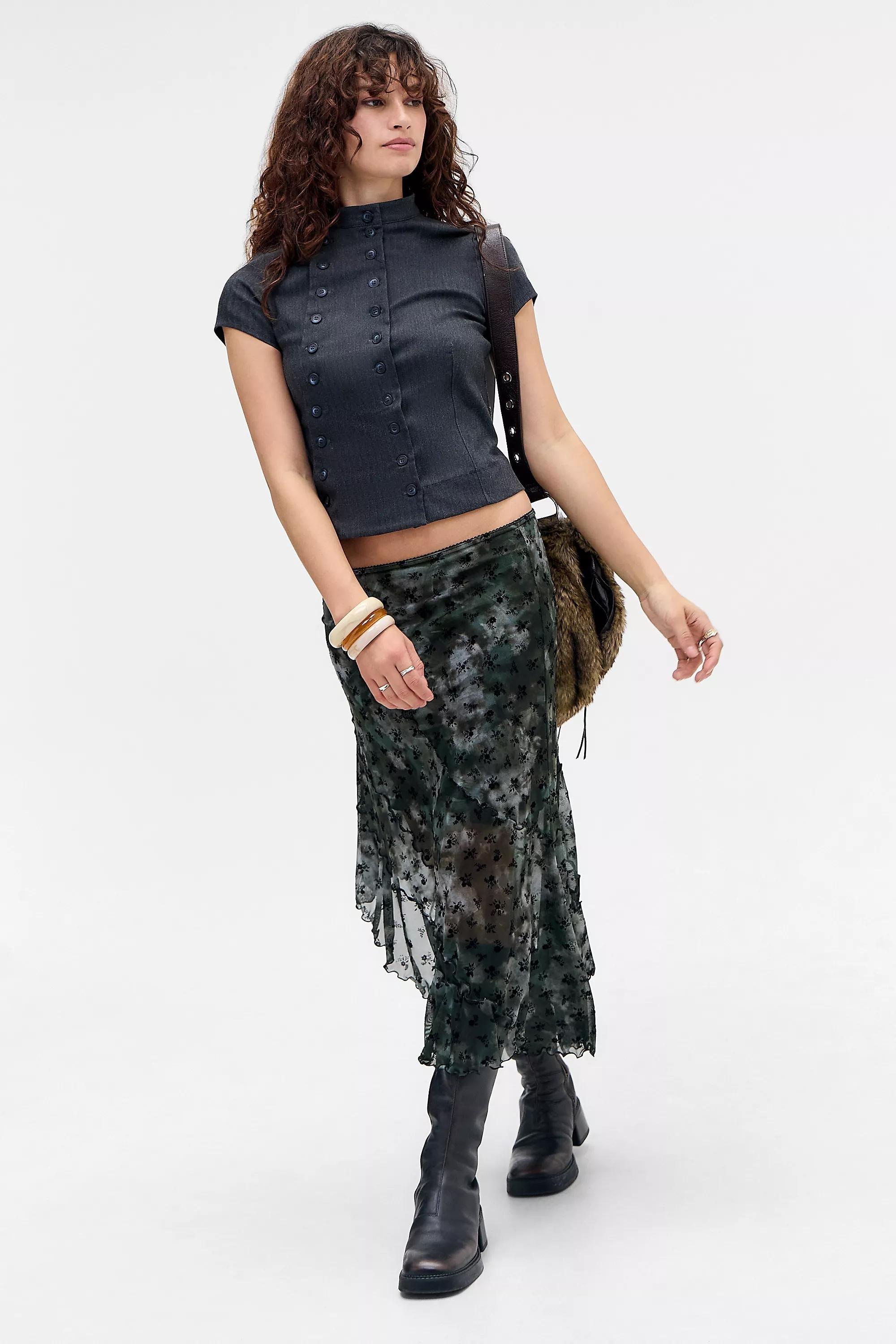 KHAKI UO Asymmetric Flock Midi Skirt, KHAKI, large image number 2