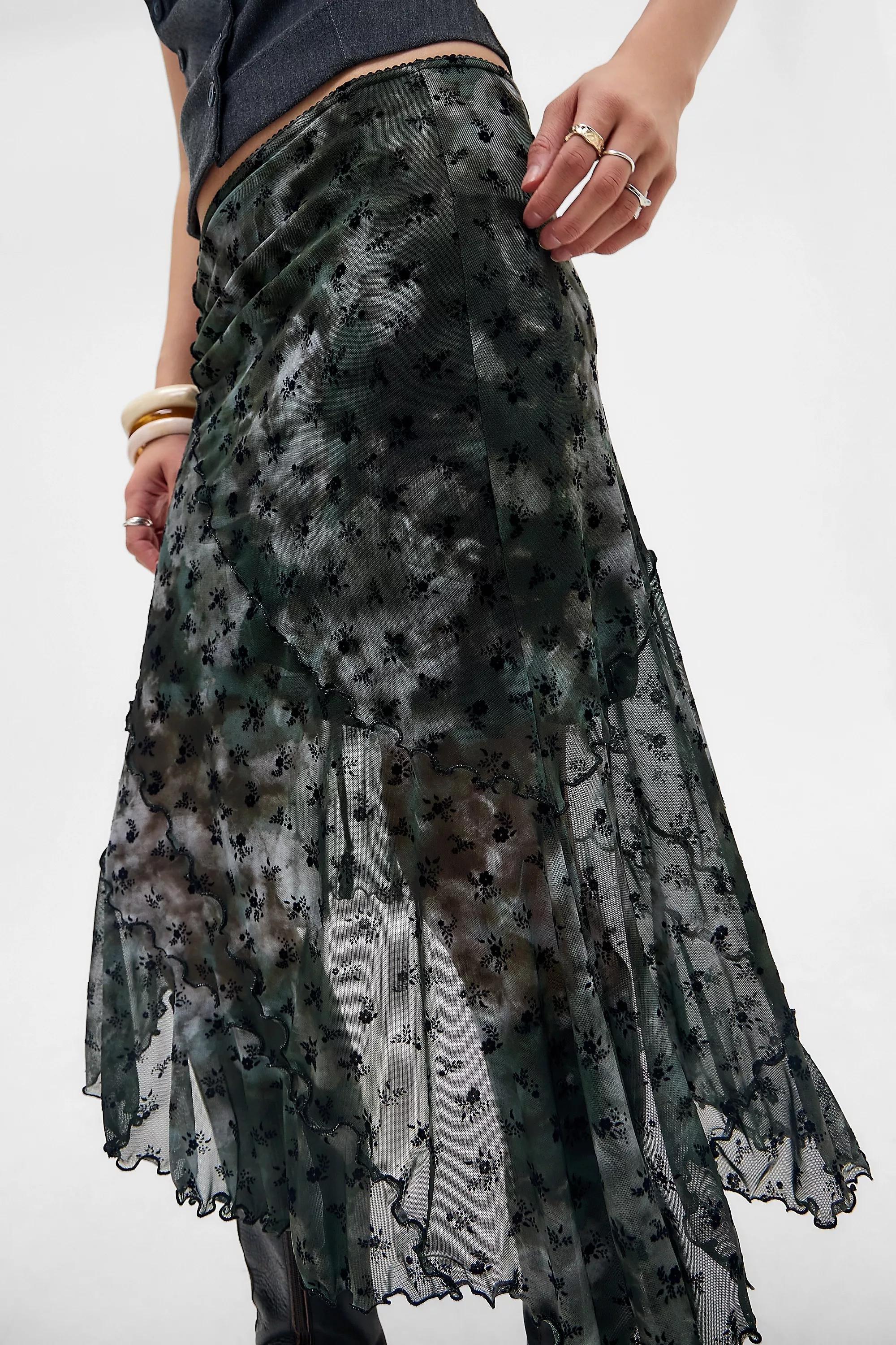 KHAKI UO Asymmetric Flock Midi Skirt, KHAKI, large image number 3