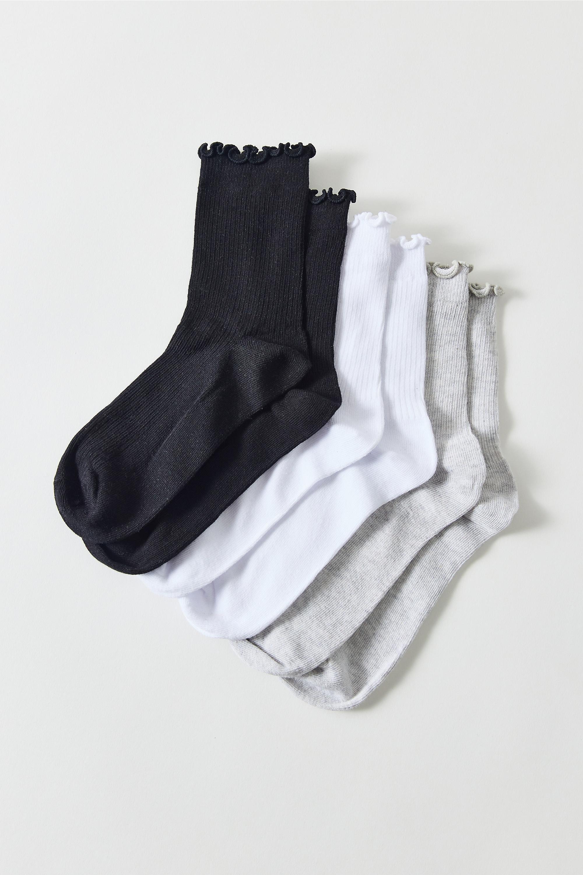 Black Uo Lightweight Lettuce-Edge Socks, Set Of 3, BLK, large image number 0