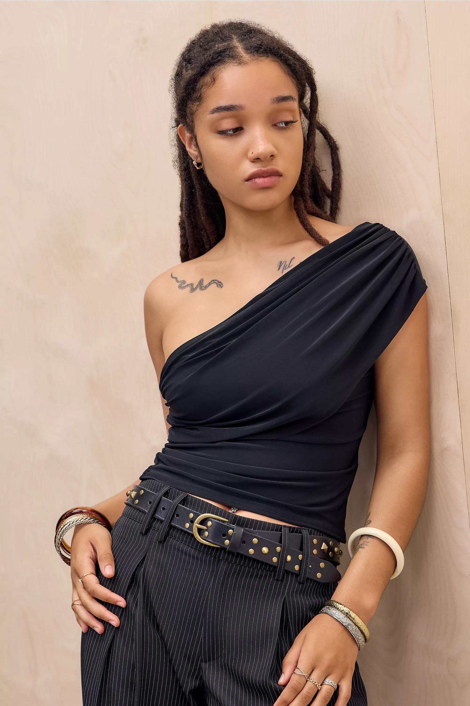 Black Silence + Noise Lia One Shoulder Backless Top, BLK, large image number 1