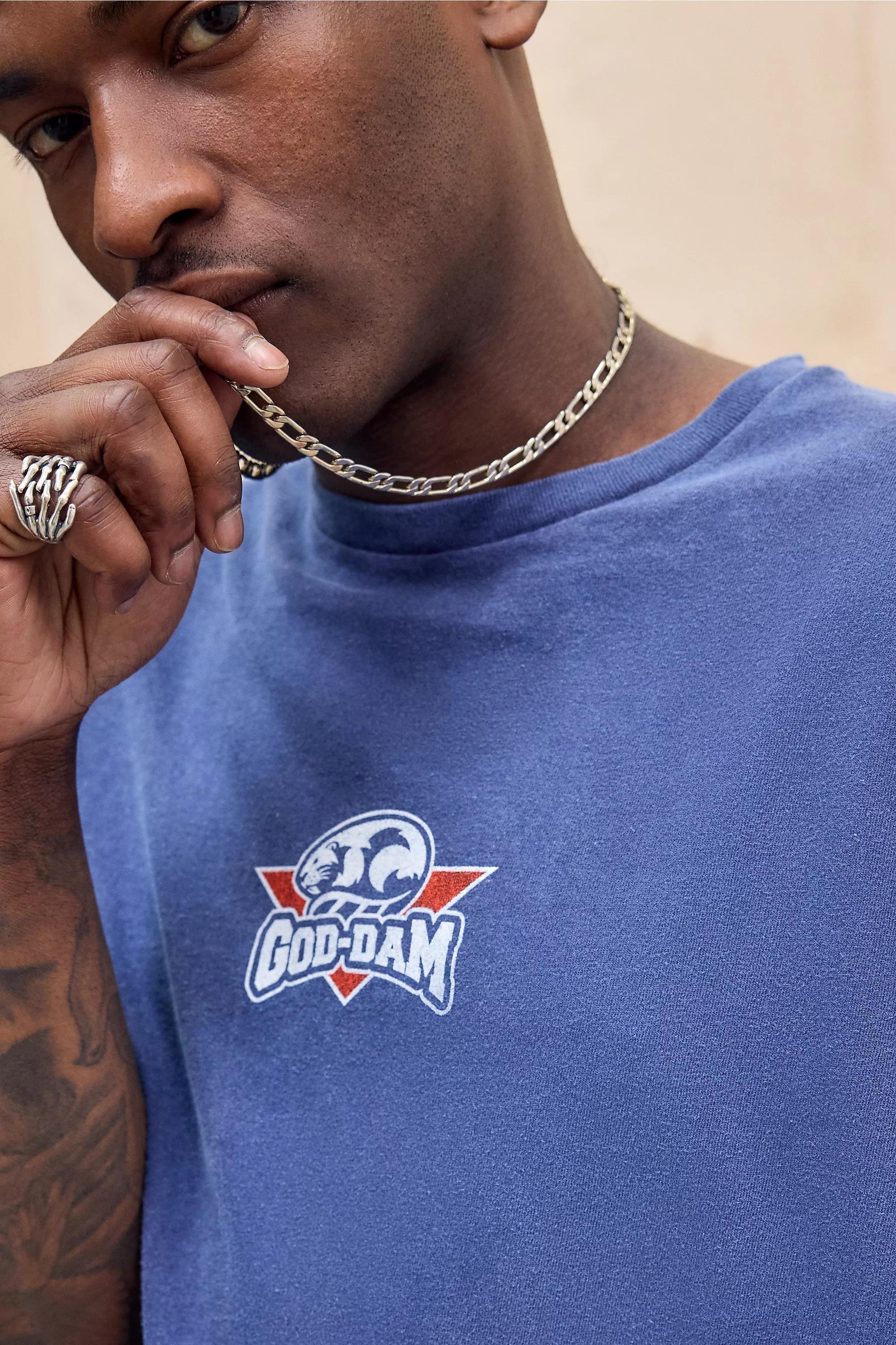 Blue Uo God Dam Motif T-Shirt, , large image number 2