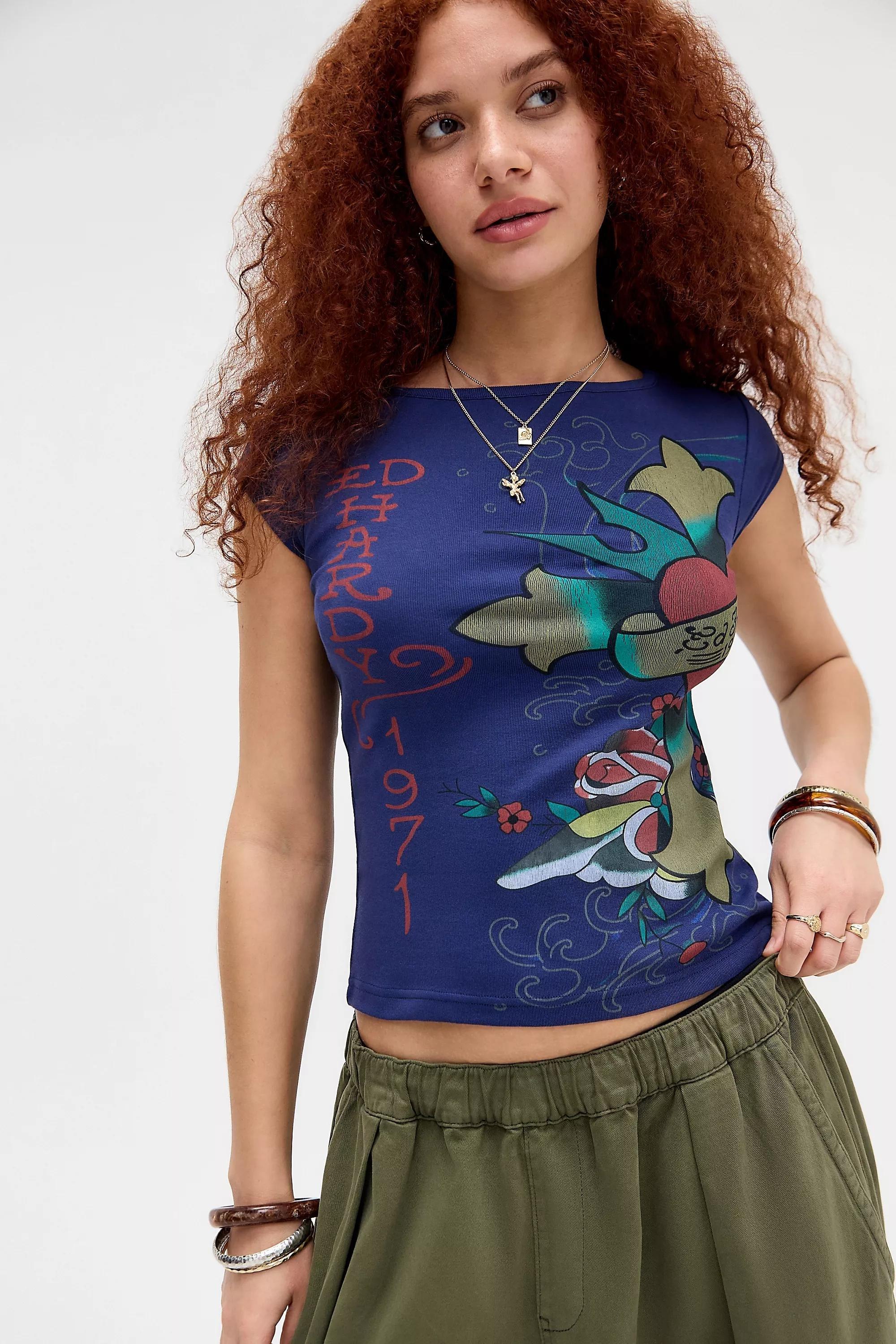 NAVY Ed Hardy UO Exclusive Cross Slash Neck T-Shirt, NAVY, medium