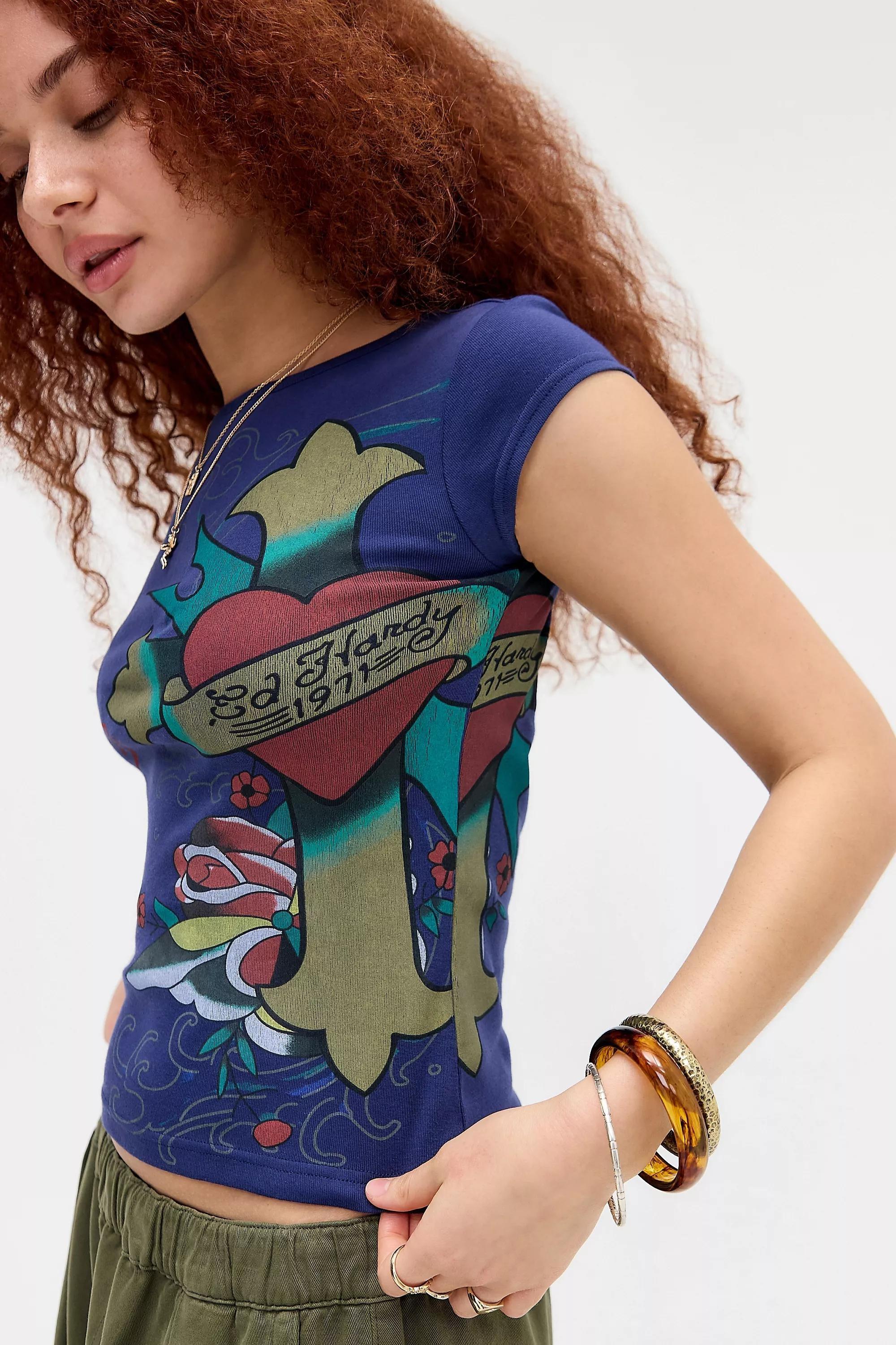 NAVY Ed Hardy UO Exclusive Cross Slash Neck T-Shirt, NAVY, large image number 1