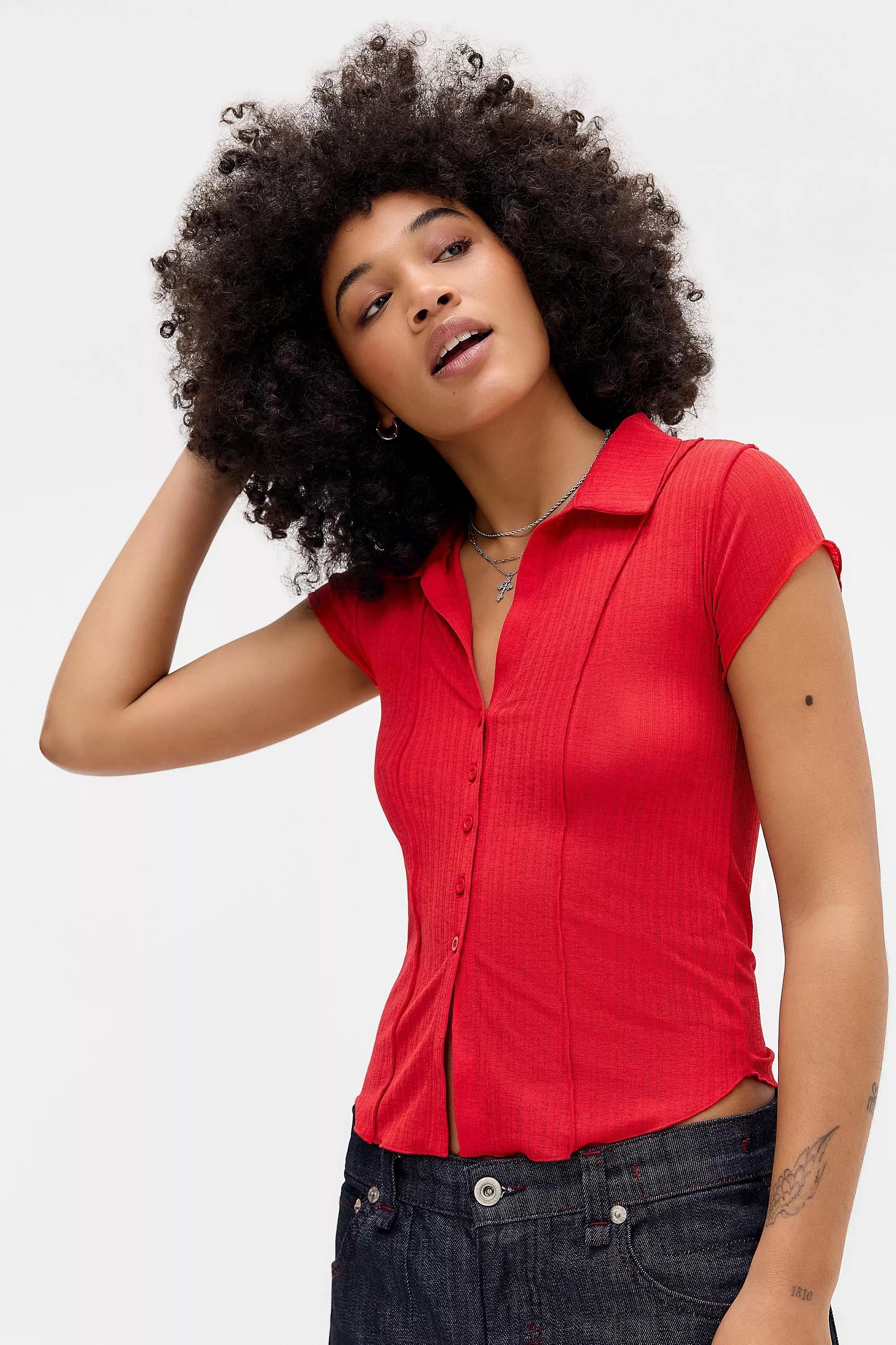 RED UO Milo Rib Shirt, RED, medium