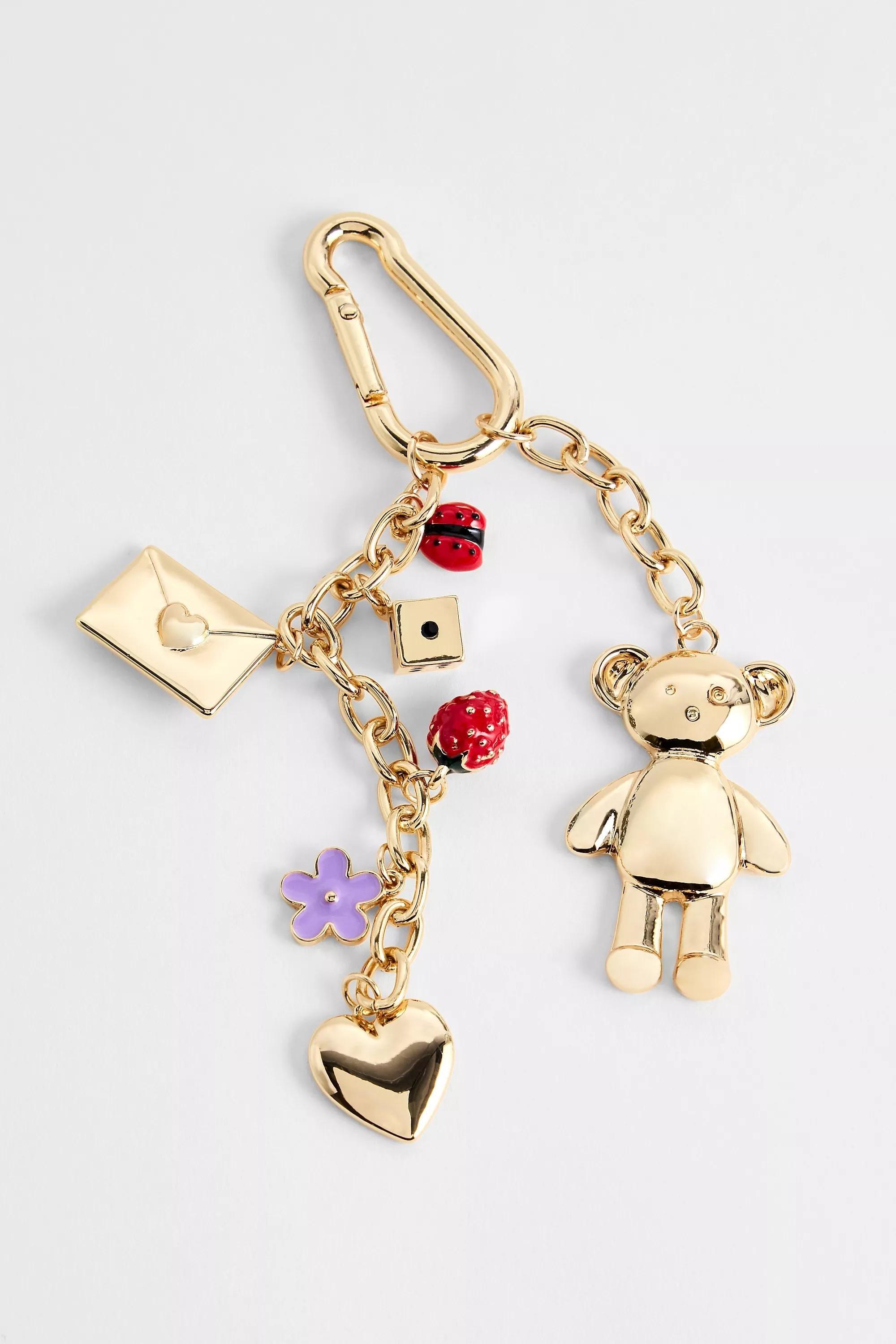 Gold Teddy Charm Keyring, GOLD, medium