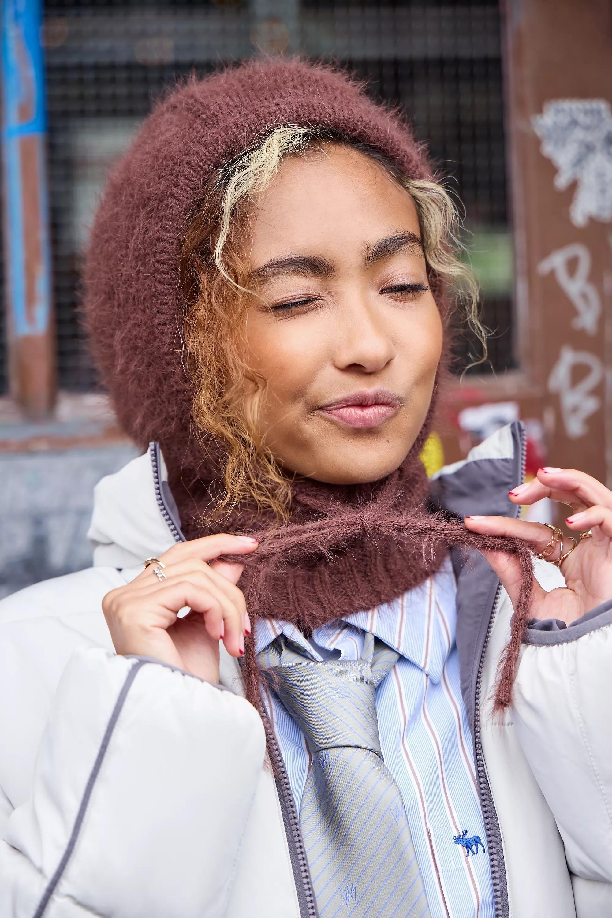 Brown UO Clover Fluffy Knit Hood, CHOC, medium