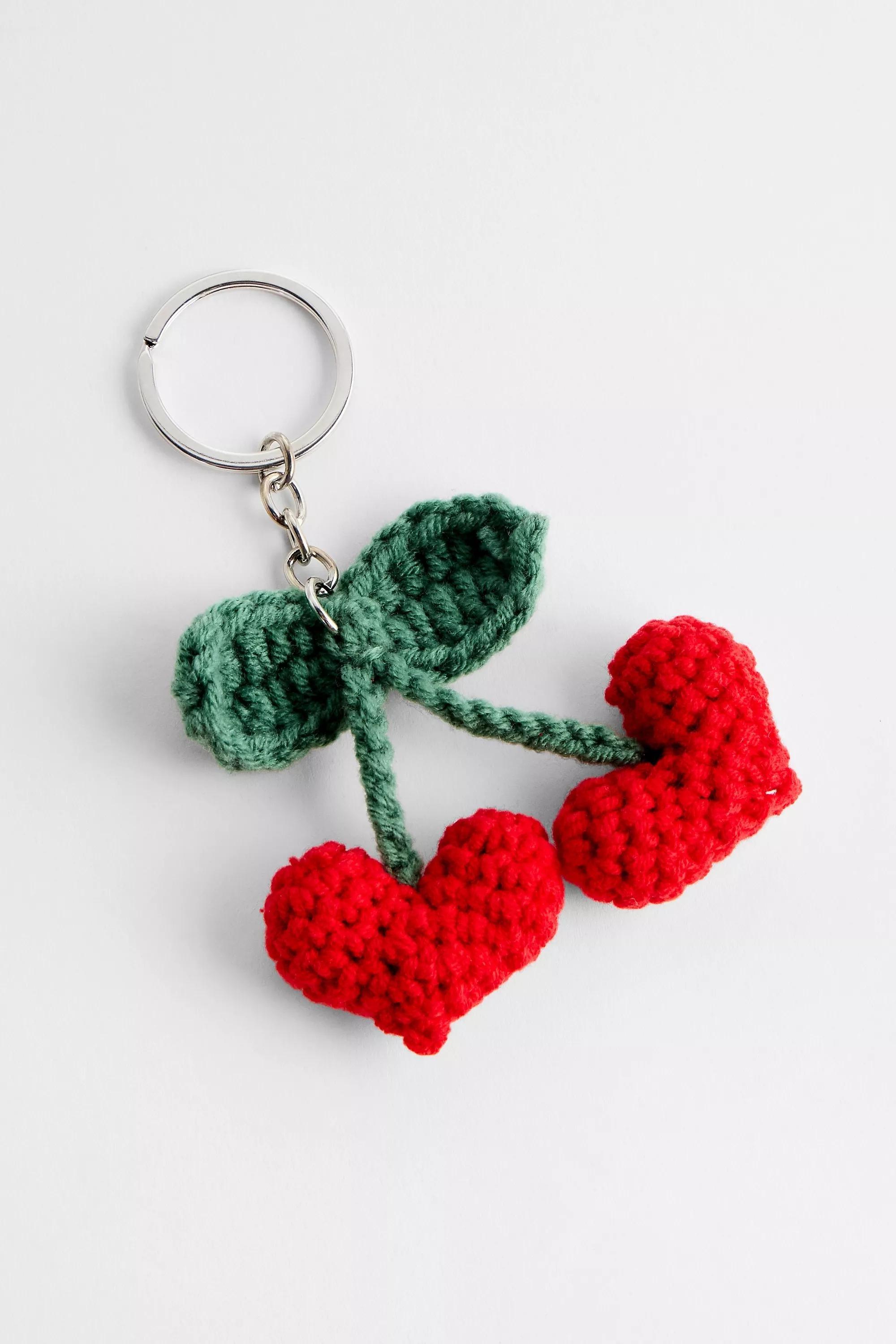 Red Uo Knitted Cherry Heart Keyring, RED, large image number 0